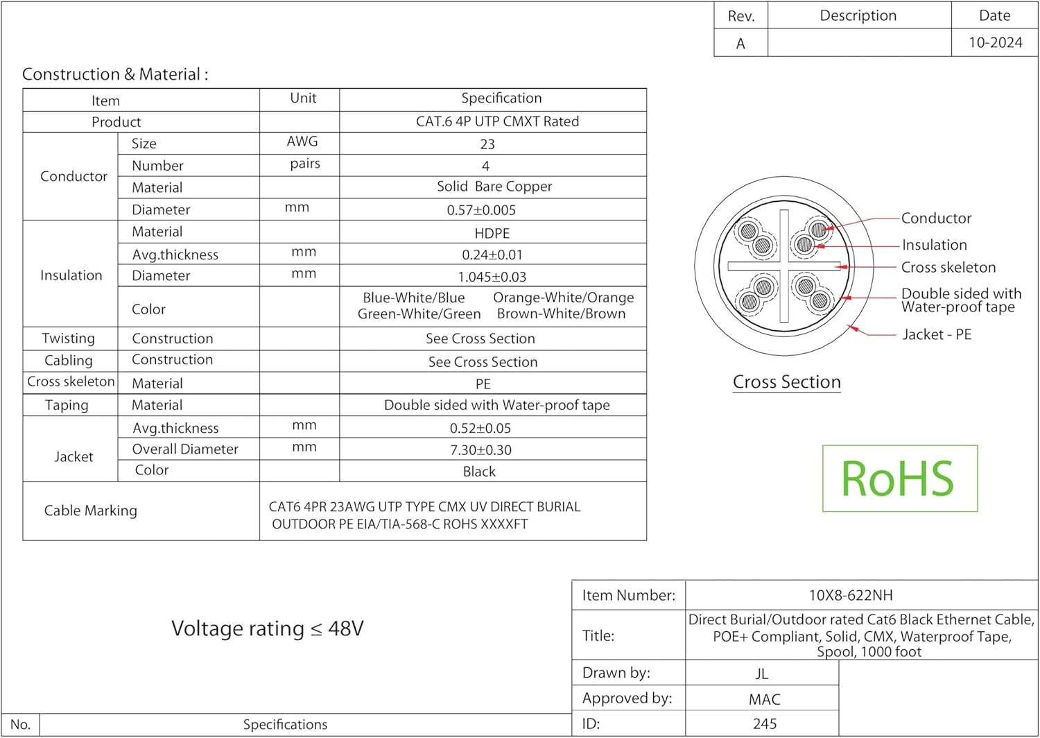 CableWholesale Direct Burial/Outdoor Rated Cat6 Black Ethernet Cable, Solid, CMX, UTP (Unshielded Twisted Pair), Waterproof Tape, Spool, 1000 Foot