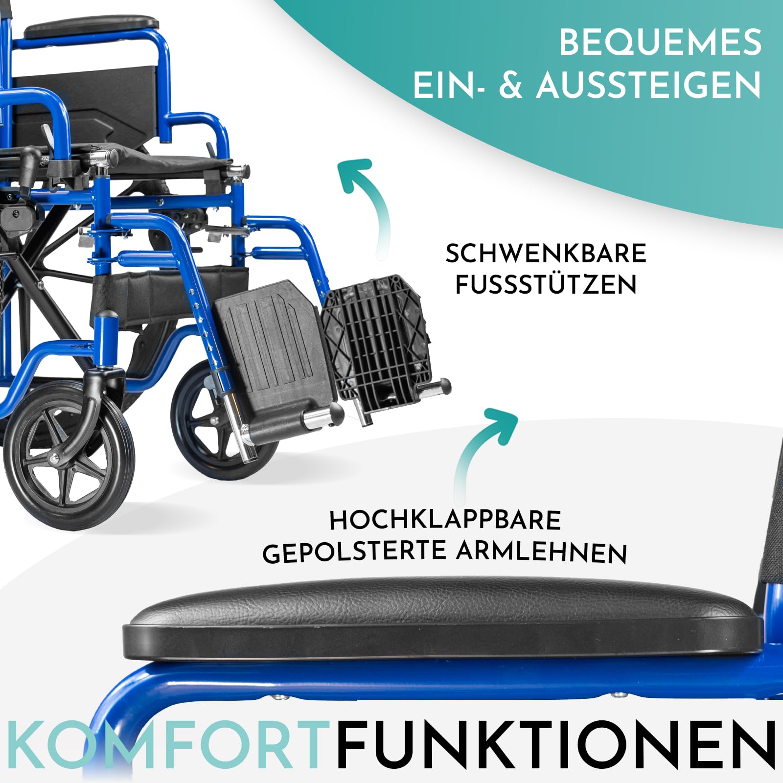 Rollstuhl RIO - Transportrollstuhl faltbar 40 cm Sitzbreite | Leichter Greifreifen-Rollstuhl mit Schiebegriffen - klappbare Fußstützen & Armlehnen, ideal als Reiserollstuhl, bis 130 kg