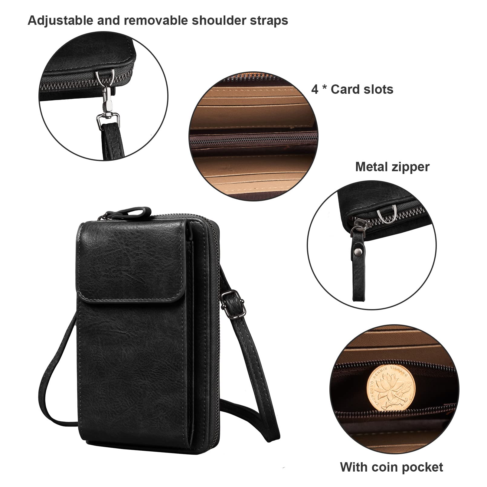 Kememo Damska torba na ramię na telefon komórkowy, ze skóry PU, torebka na telefon komórkowy do zawieszenia z portmonetką, przegródkami na karty, crossbody, portfel, mała torebka