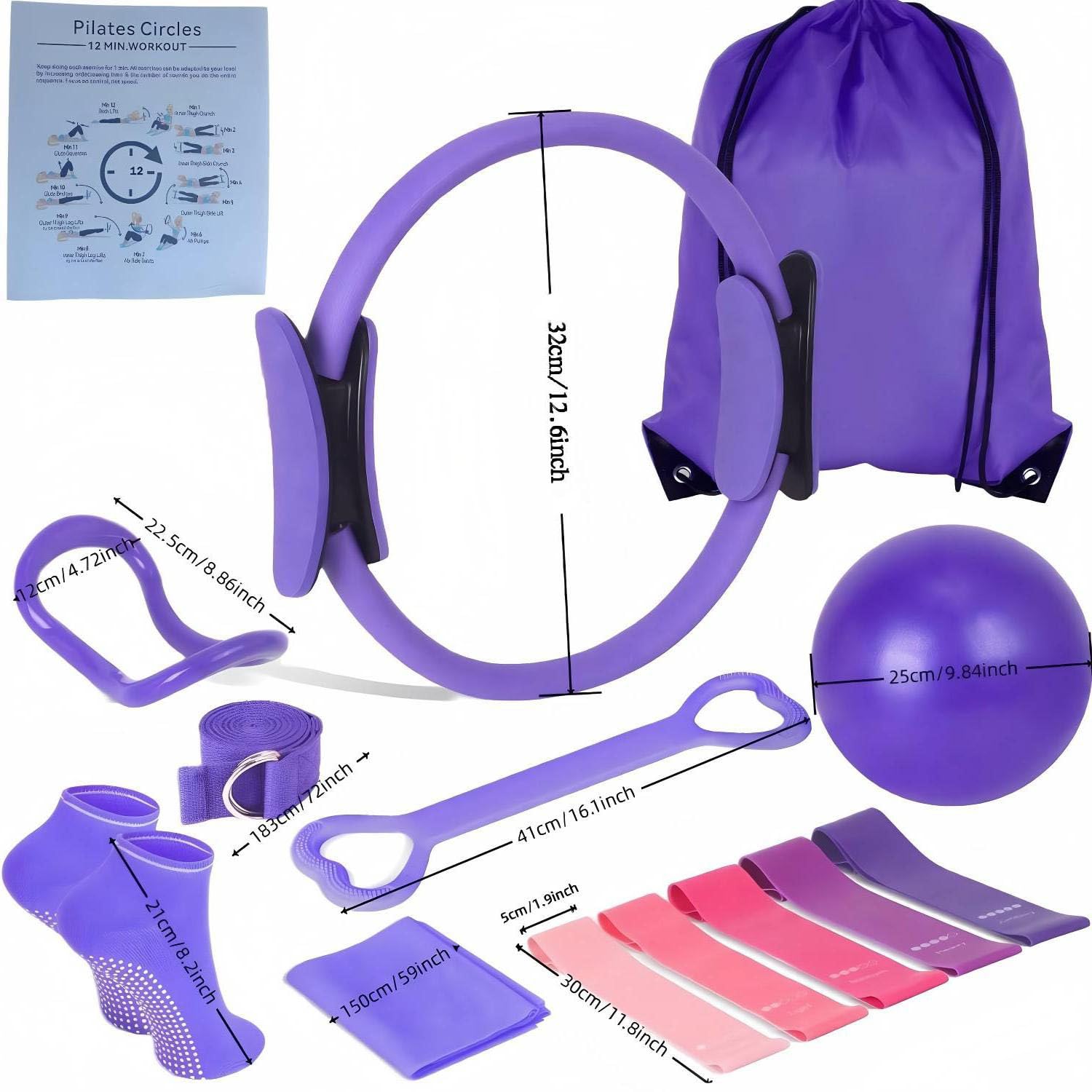Set di 13 accessori per pilates, per la casa, pilates, pilates, per la casa, pilates, kit essenziale per donne con palla da yoga, anello da yoga, calze, anello da pilates e accessori