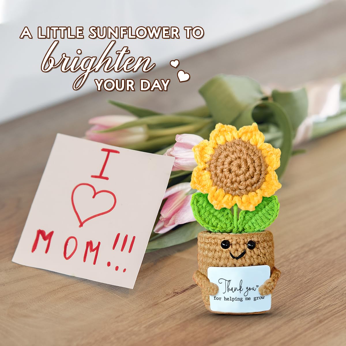 Mini Sunflower Teacher Appreciation Gifts, Thank You Gift for Teacher Boss Manager, Handmade Crochet Positive Plant with Card, Cute Small Desk Decor, End of School Year Christmas Graduation Present