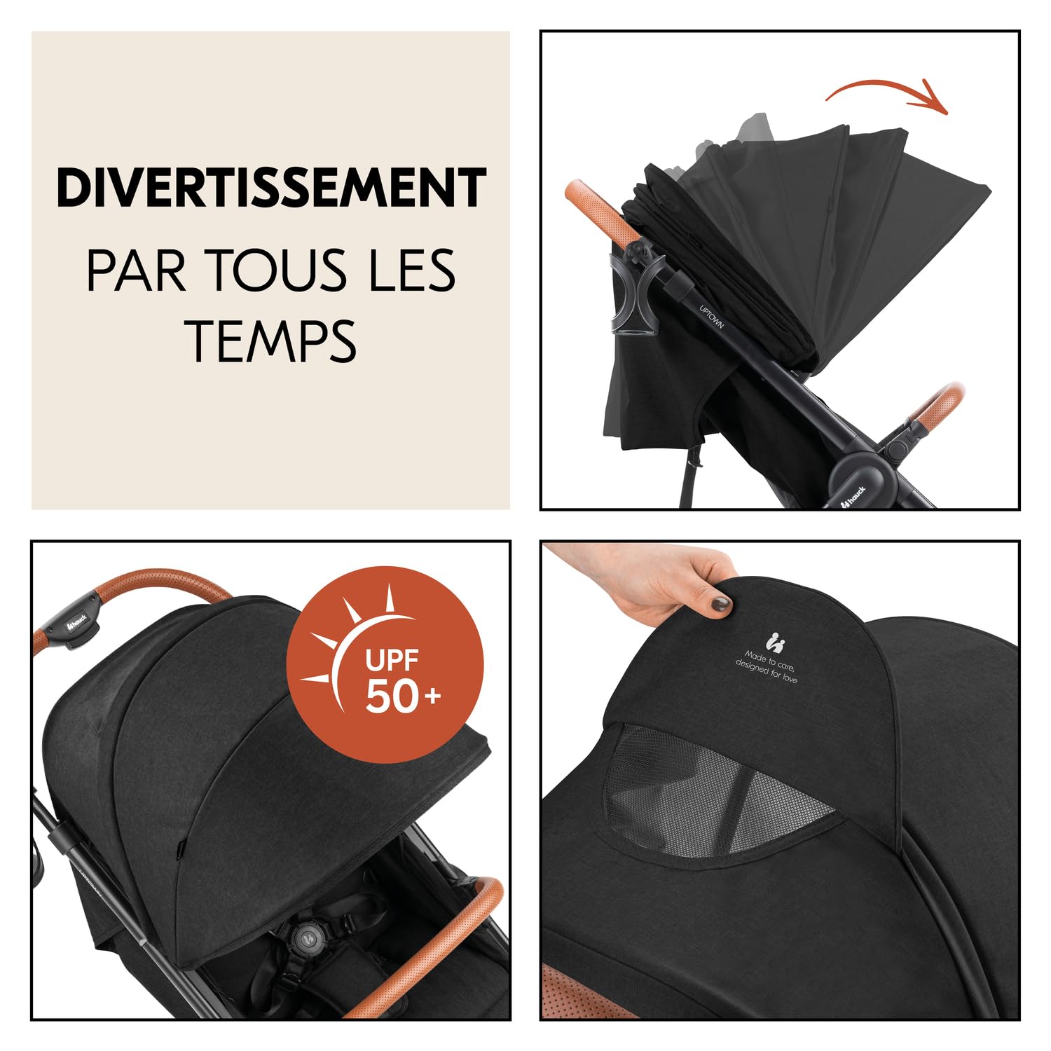 hauck Uptown Poussette Compacte Noir Chiné – dès la Naissance avec Dossier Inclinable, Siège Large jusqu’à 22 kg, Roues Caoutchouc, Suspension, UV 50+, Pliable, Hauteur Réglable, Grand Panier