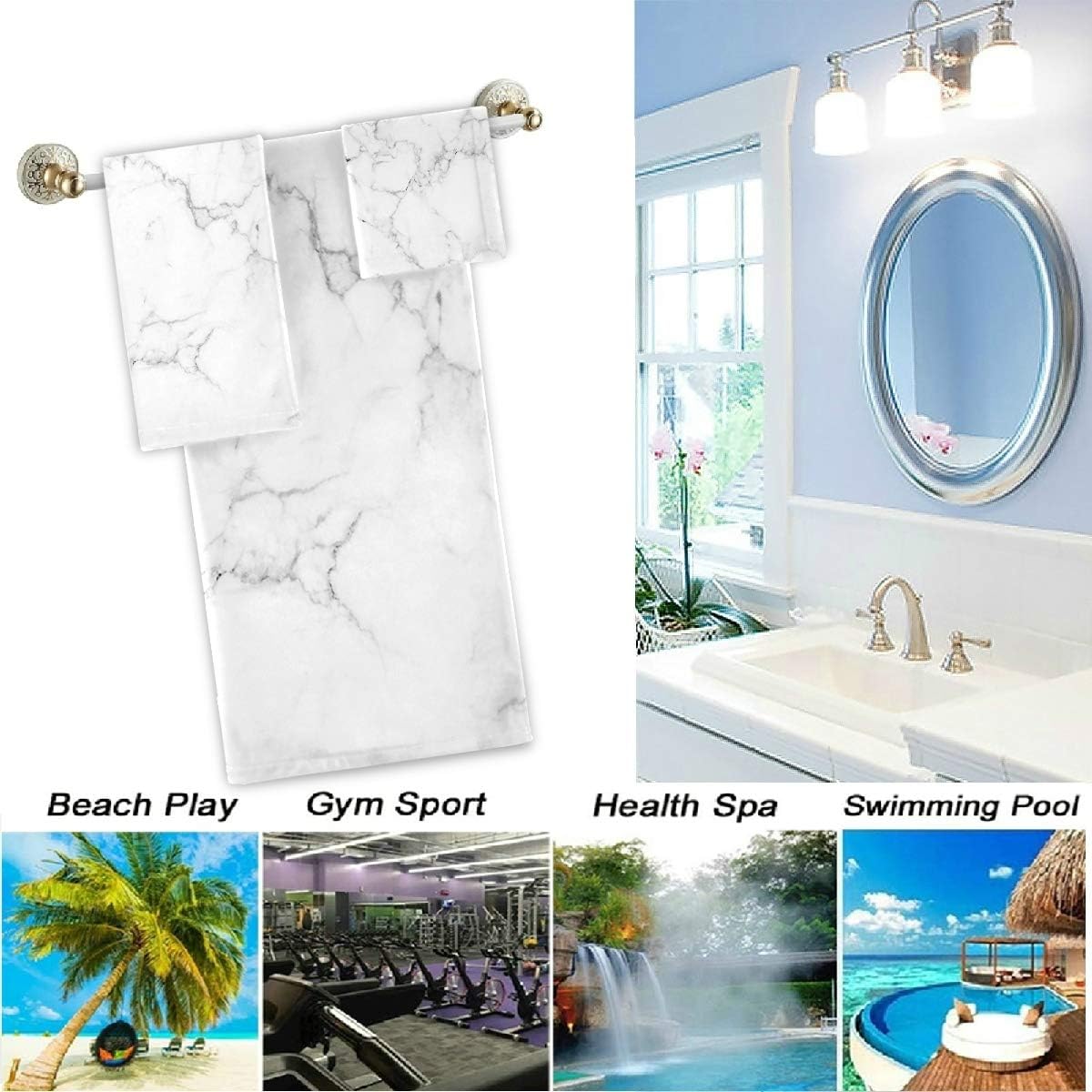 Naanle Chic White Marble Natural Pattern Soft Luxury Decorative Set of 3 Towels, 1 Bath Towel+1 Hand Towel+1 Washcloth, Multipurpose for Bathroom, Hotel, Gym, Spa and Kitchen