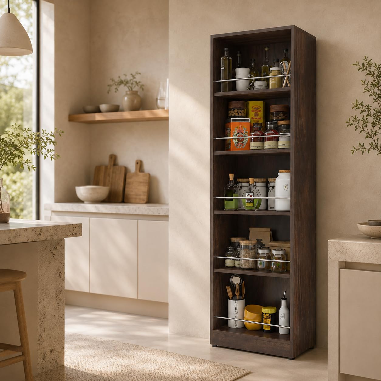 Studio Kook Cucina Tall Kitchen Cabinet - Open Pantry Shelving Unit with Metal Guard Rails, 8kg Shelf Capacity (180 x 60 x 27.5 cm) (Junglewood, Matte Finish)