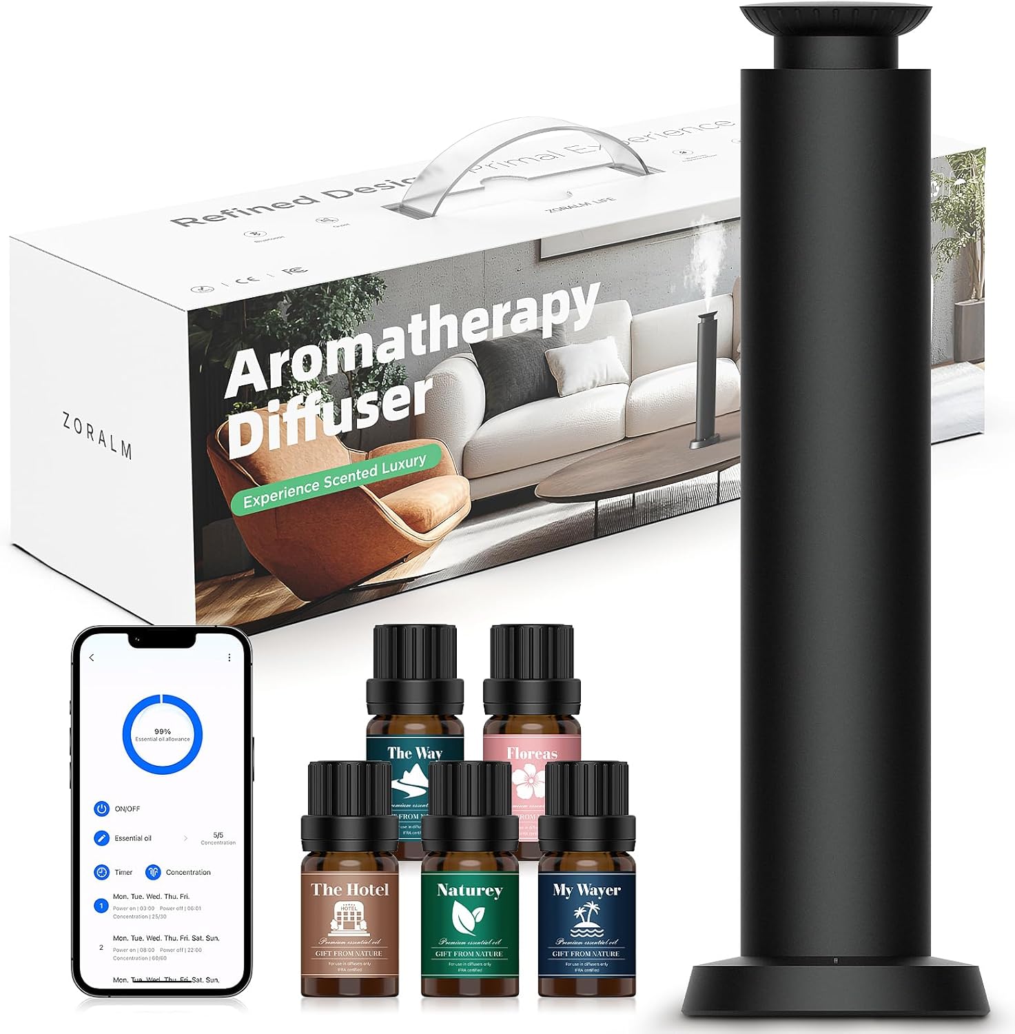 Wirless Rechargeable Waterless Scent Diffuser Kit, Includes 5 Premium Oils, 2000 Sq.Ft Coverage,Hotel Scent Diffuser for Home, Studio, Cordless Essential Oil Diffuser Large Room, APP Control - Black