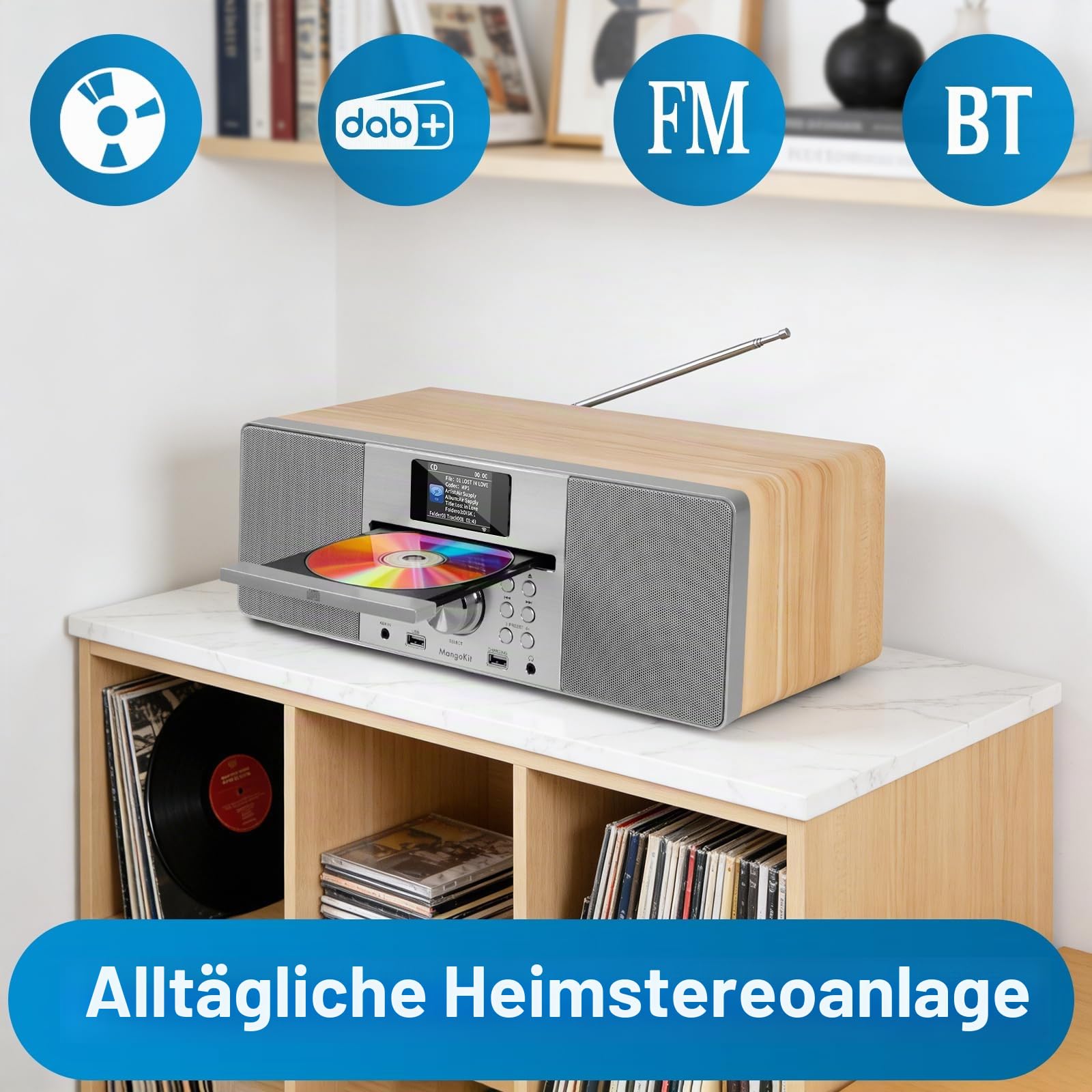 MS1 CD Player,DAB/DAB+und UKW Radio, Bluetooth, leistungsstarkem Stereo-HiFi-System,Farbdisplay,60 Speicherplätzen, Fernbedienung, Gehäuse aus Akustikholz, AUX In, USB Wiedergabe & Aufladungn