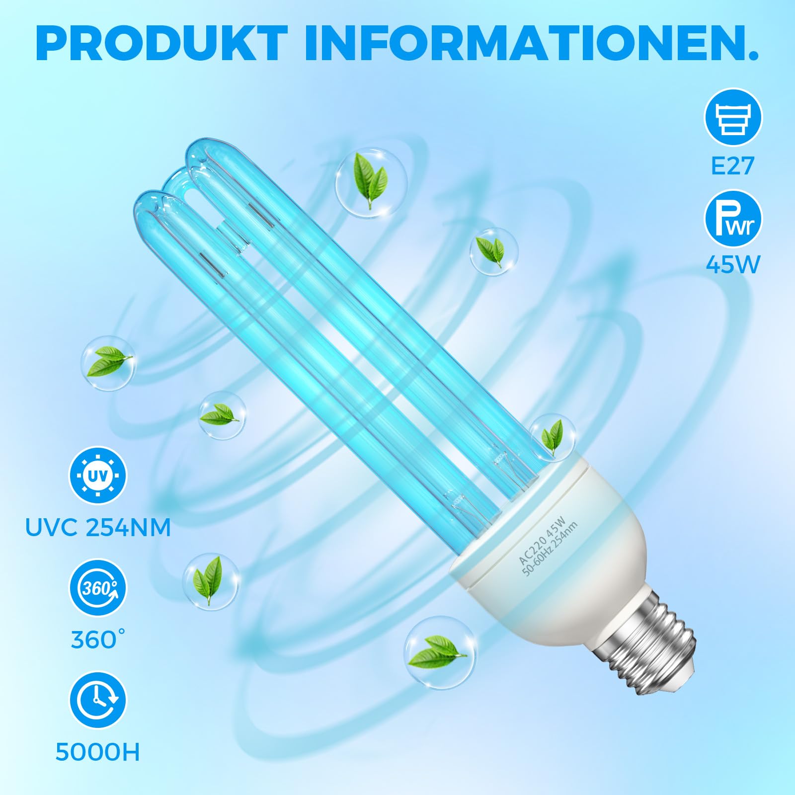 45W Ozon-Desinfektionslampe, E27 UV-Lampe, Keimtötende Lampe mit Ozon-Licht, mit Fernbedienung und Zeitschaltuhr, 45 Watt, UV mit Ozonproduktion
