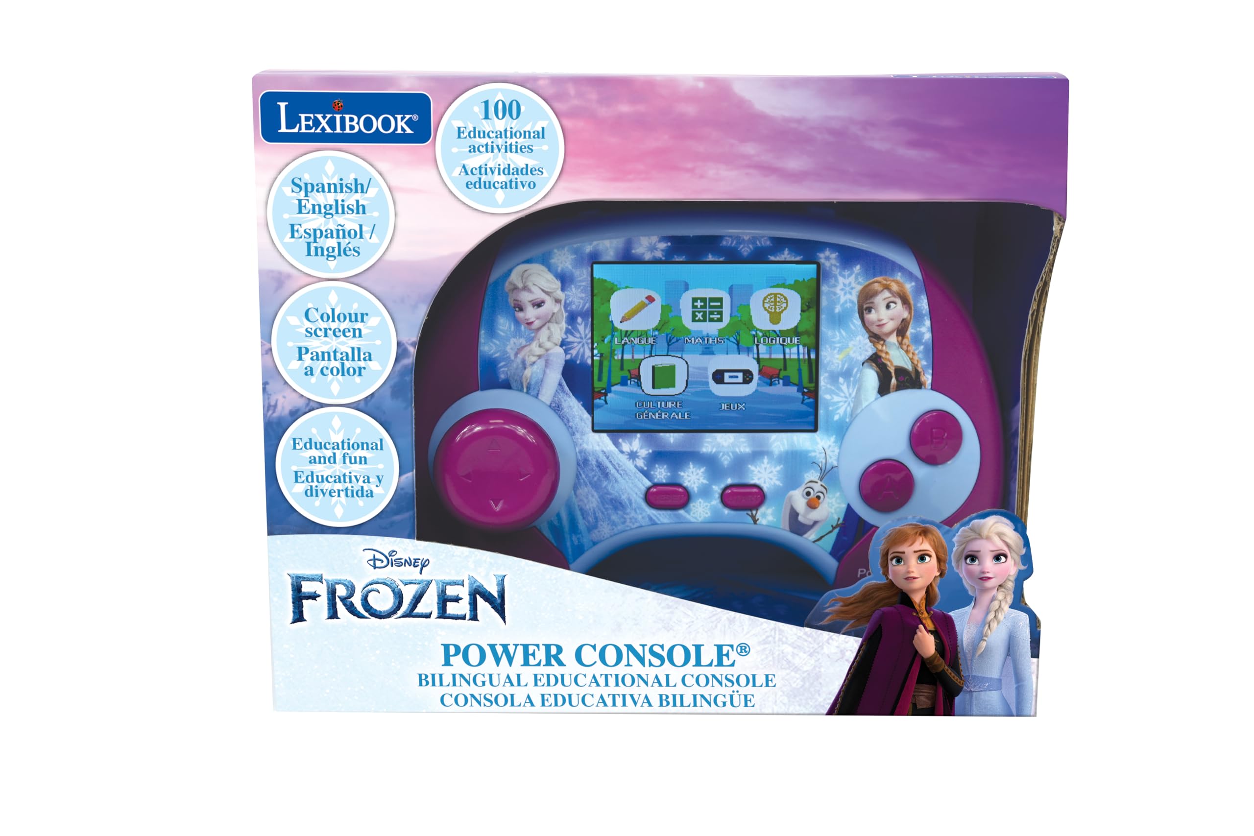 LEXIBOOK - Disney Frozen - Power Console, hiszpańska/angielska dwujęzyczna konsola do gier edukacyjnych z 100 zajęciami, JCG100FZi2