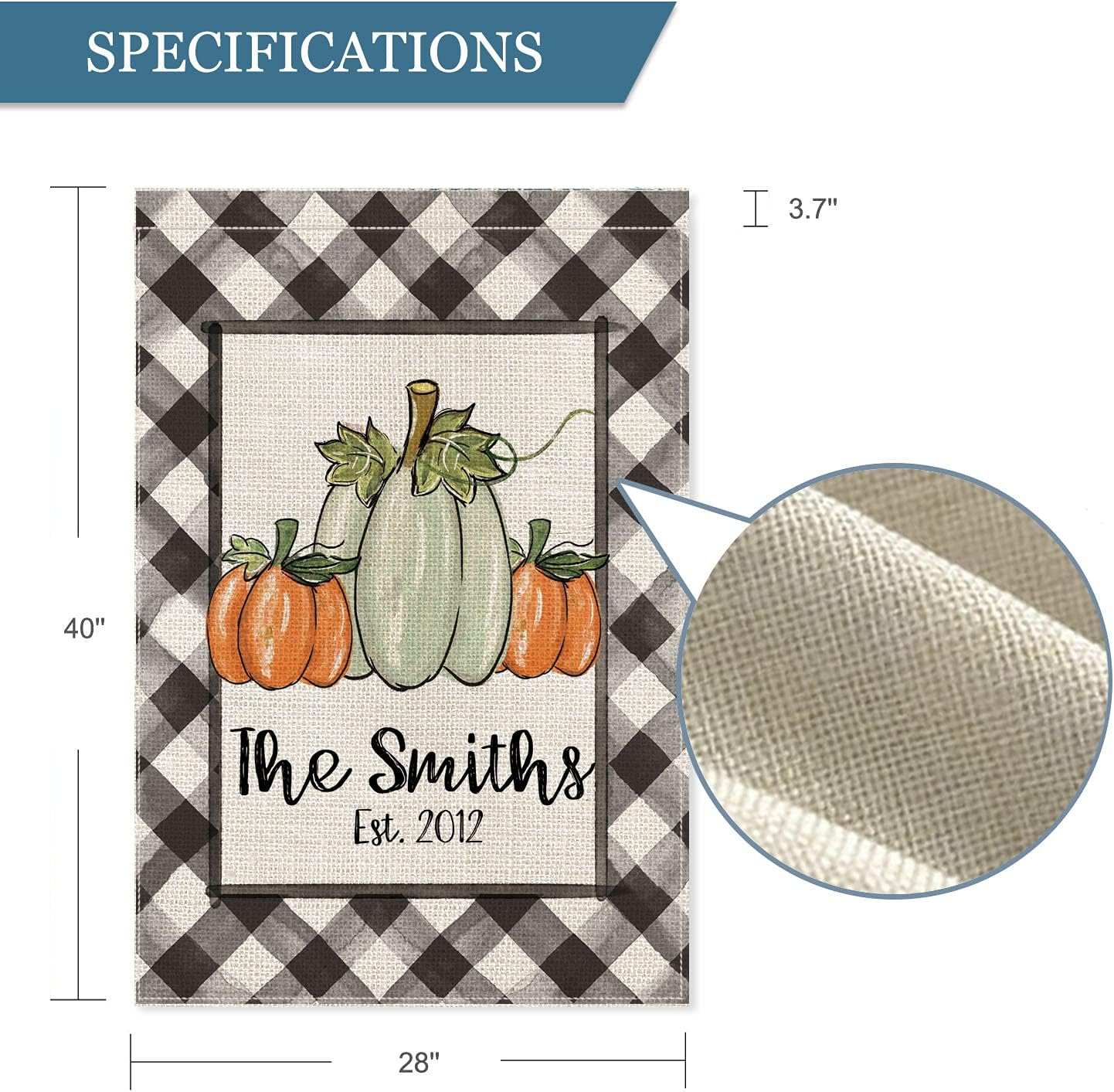Smile Personalized Fall Pumpkin House Flag, Buffalo Plaid Customized Family Last Name and Establishde Year, Double Sided 28 x 40 Inch Rustic Farmhouse Burlap Yard Outdoor Decoration