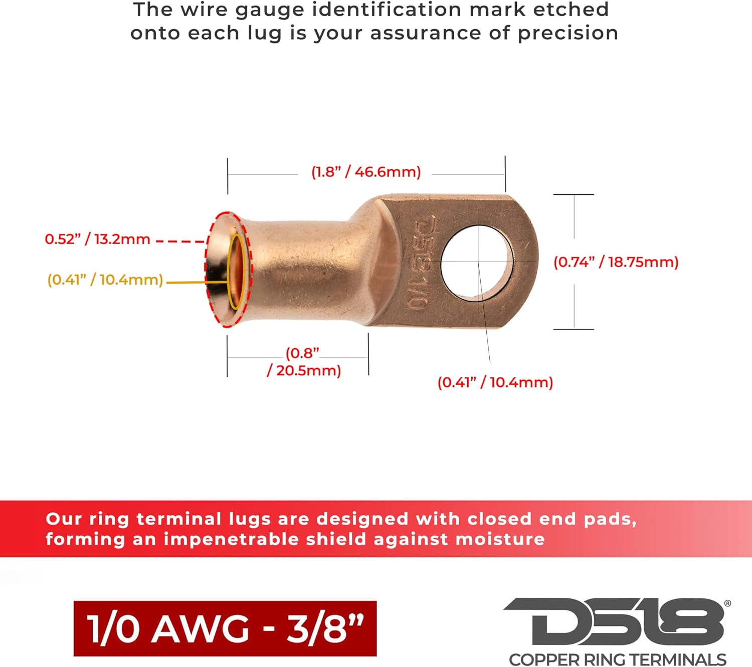 DS18 CCL1/0 Heavy Duty Cable 1 Gauge Lugs Battery Cable Bare Copper Eyelets Tubular Ring Terminal Connectors, (10 Pack),Black