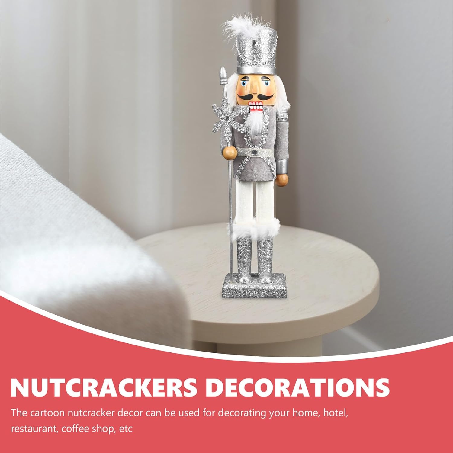 38cm Silver Snowflake King Nutcracker Christmas Decor, Wooden Nutcracker Figurine for Holiday Tabletop and Home Display, Unique Desktop Xmas Ornament Craft
