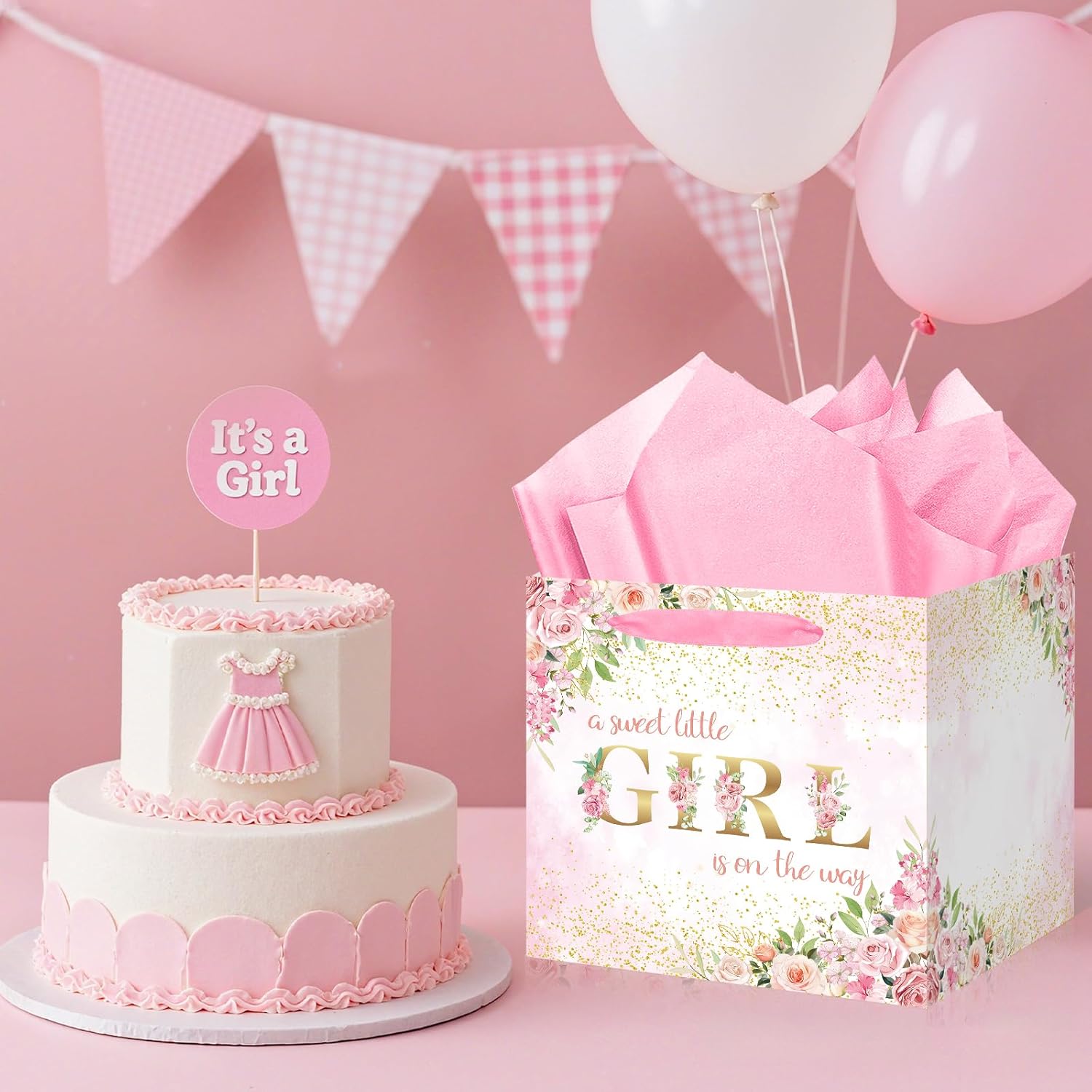 Extra Large Baby Girl Gift Bags - Pink Floral Baby Shower Square Gift Bag A Sweet Little Girl is on the Way Wrapping Paper Bag for Newborn Congratulations Gifts Gender Reveal Party Favors Decor - Image 5