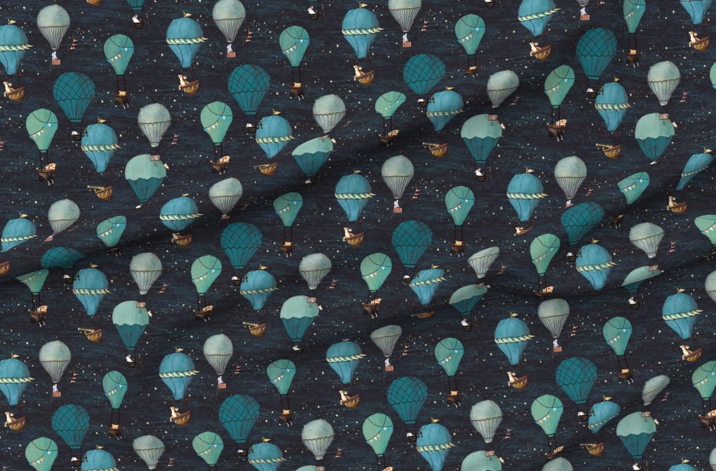 Spoonflower Fabric - Hot Air Balloons Nighttime Stars Stars Turquoise Sky Nursery Printed on Petal Signature Cotton Fabric by The Yard - Sewing Quilting Apparel Crafts Decor