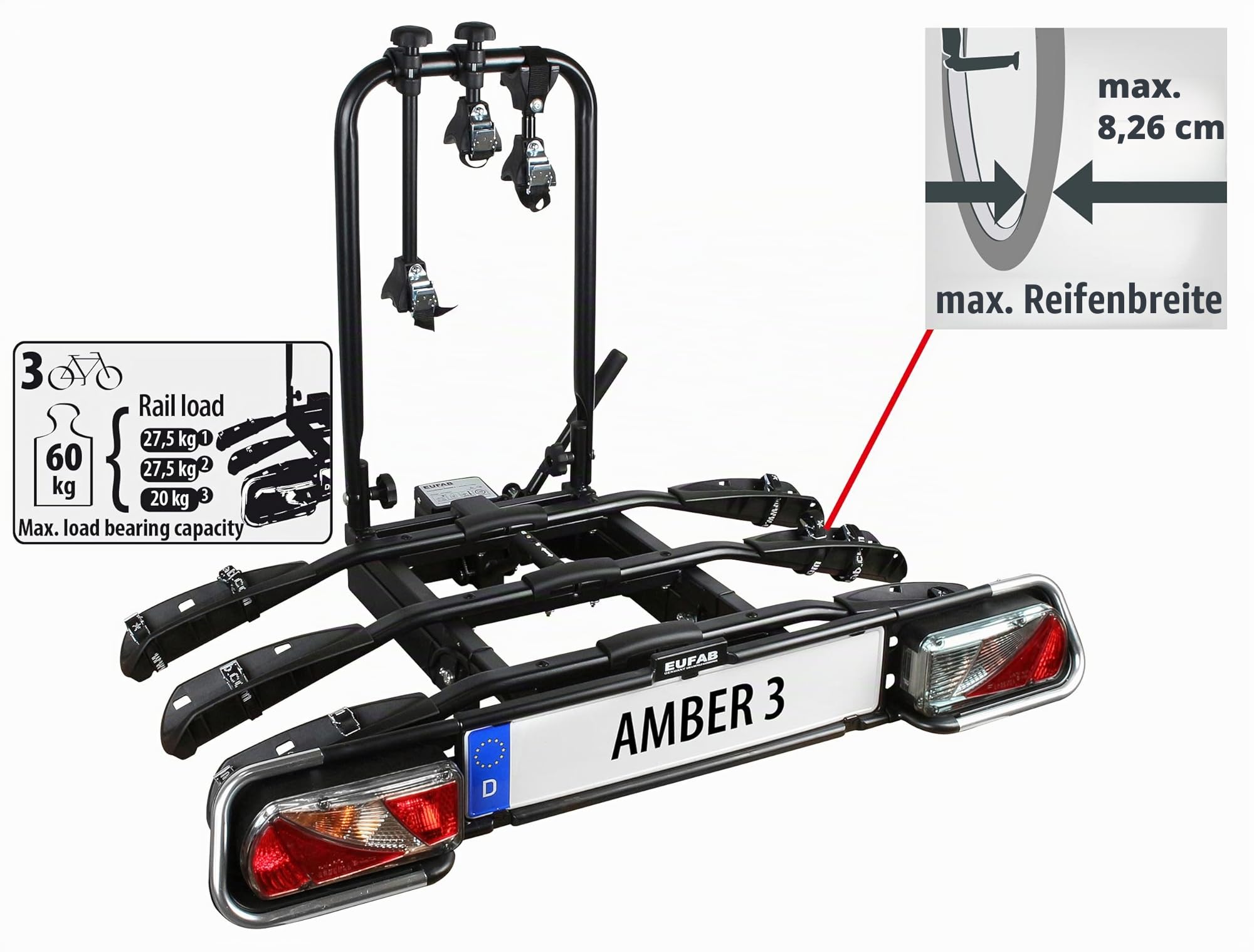 EUFAB 11555 Fahrradträger AMBER 3, E-Bike geeignet, teilweise vormontiert, Diebstahlschutz, für 3 Fahrräder, für Anhängerkupplung