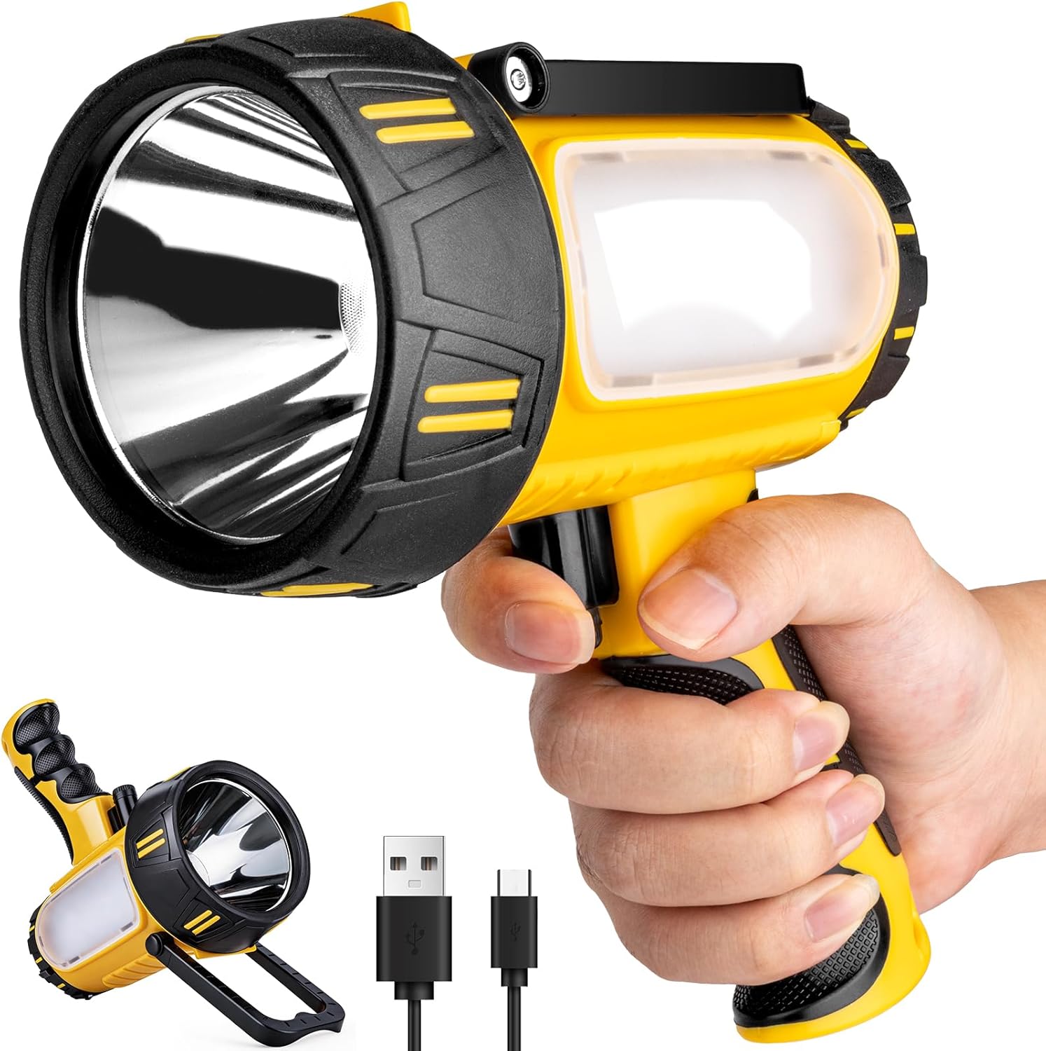 Rechargeable Spotlight 100000 Lumen, Super Bright Spotlight Flashlight with COB Light & Foldable Stand, Waterproof Long Lasting Handheld Spot Light for Camping Boating Emergency, Yellow