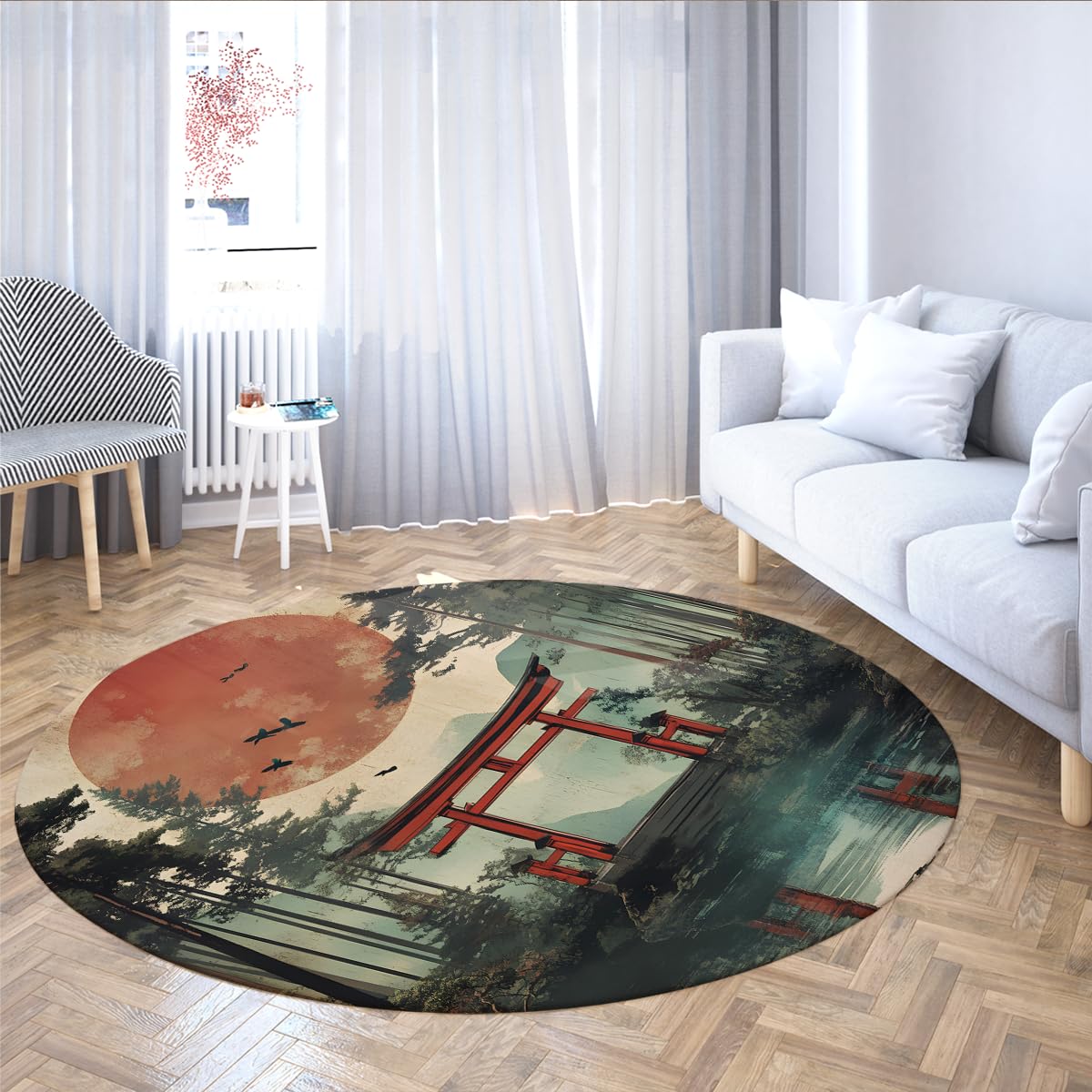 Tapis rond japonais lavable 180cm pour masquer un sol abîmé avec style et simplicité