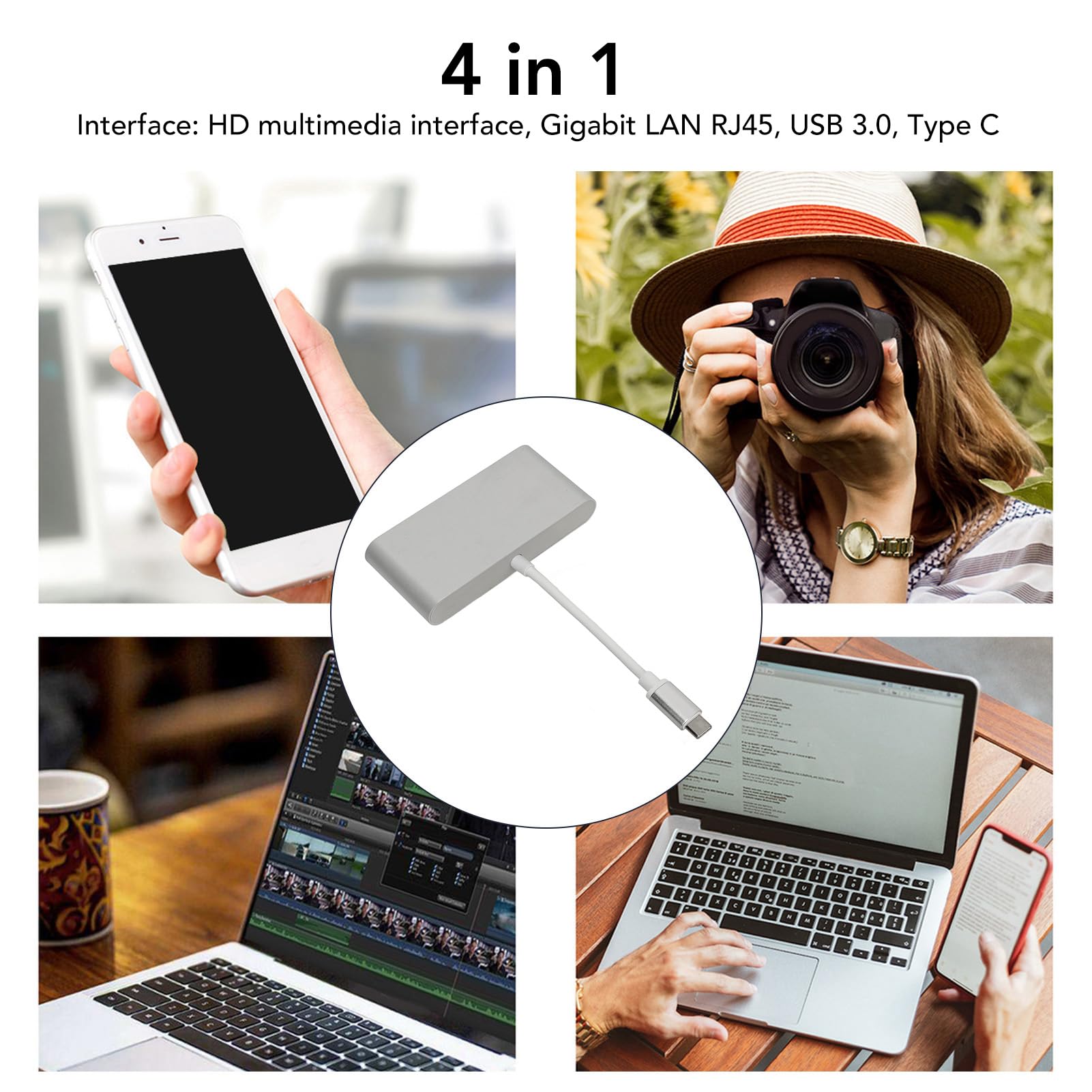 Hub USB C 4 In Adattatore multiporta Splitter con interfaccia multimediale HD RJ45 Gigabit LAN USB 3 0 Tipo C per una connessione perfetta a telefoni computer