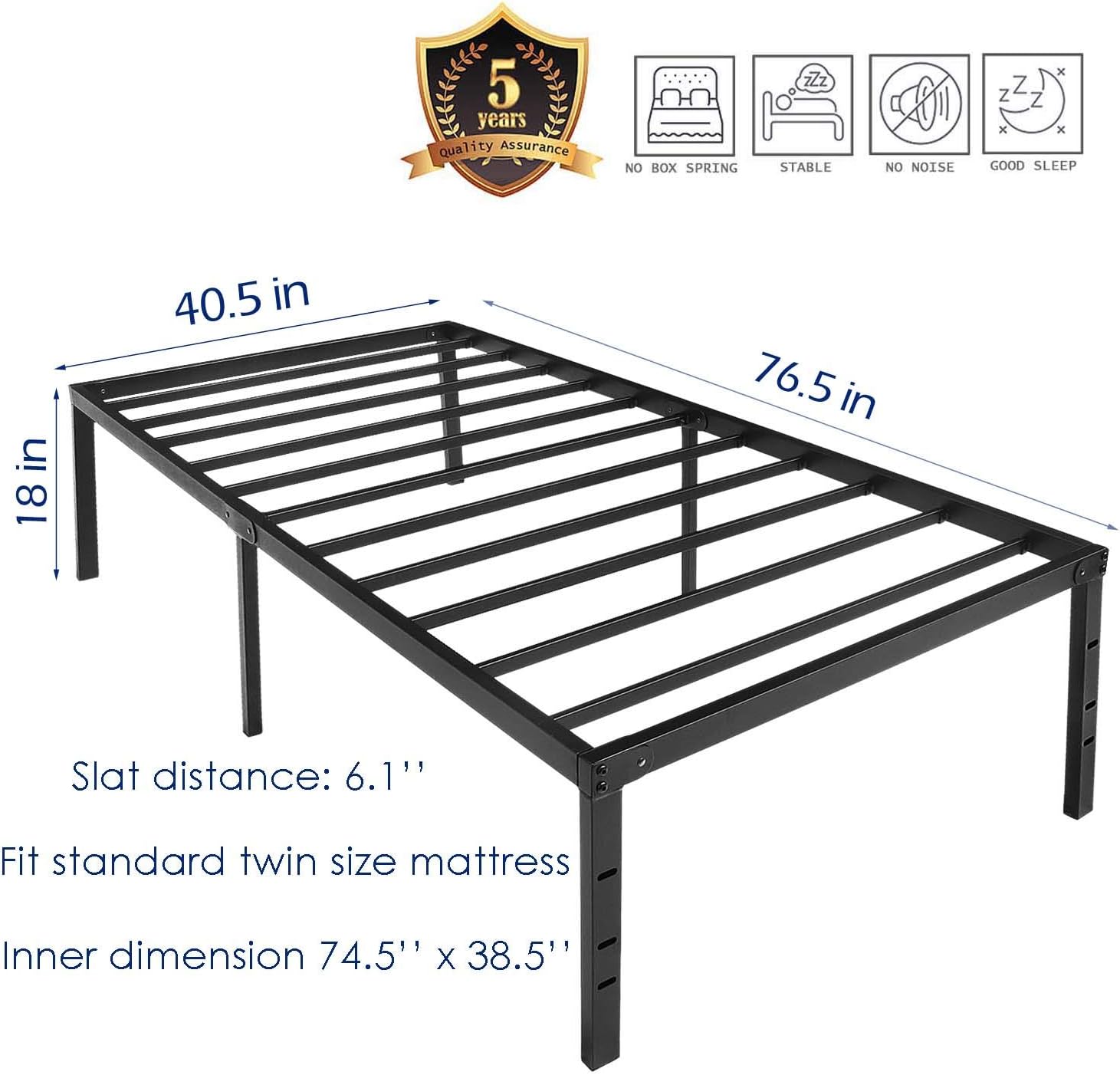 Twin Bed Frame 18 Inches High Metal Platform No Box Spring Needed With Storage For Kids Girls Boys
