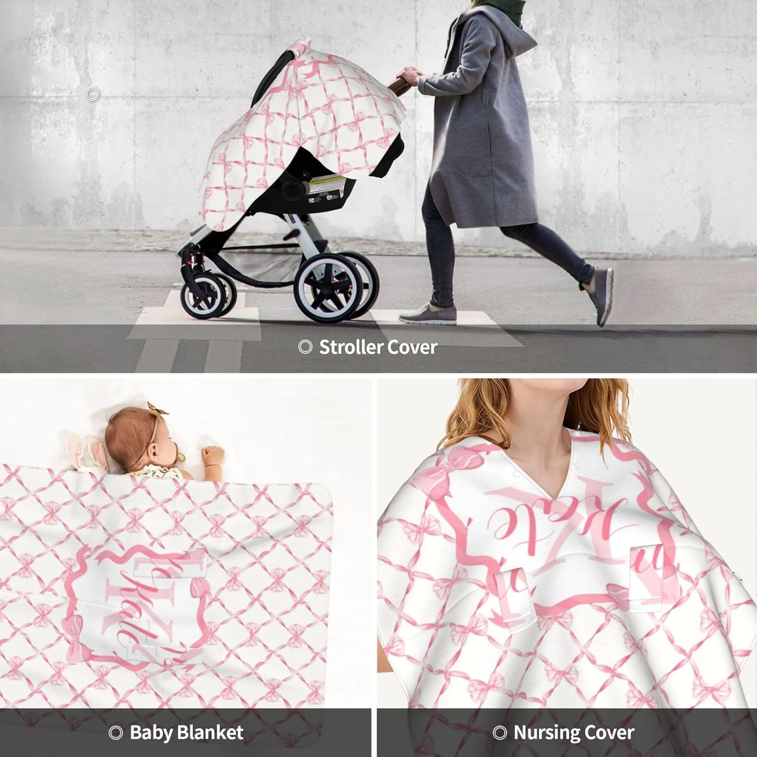 Custom Baby Car Seat Canopy for Babies with Name, Personalized Pink Bow Baby Car Seats Covers for Girls, Opening Minky Nursing Breastfeeding Cover for Infant, Carseat Canopies for Newborn