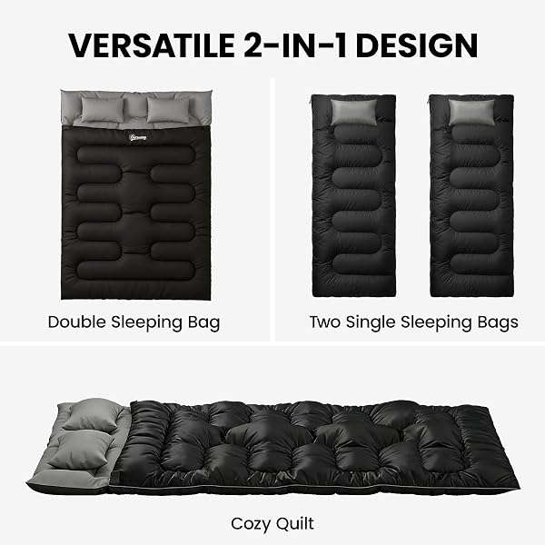 Outsunny Double Sleeping Bag with 2 Pillows, 220 x 160 cm Extra-Large Sleeping Bag for Adults, Detachable into Two Singles or Quilts, for Camping, Hiking - 3