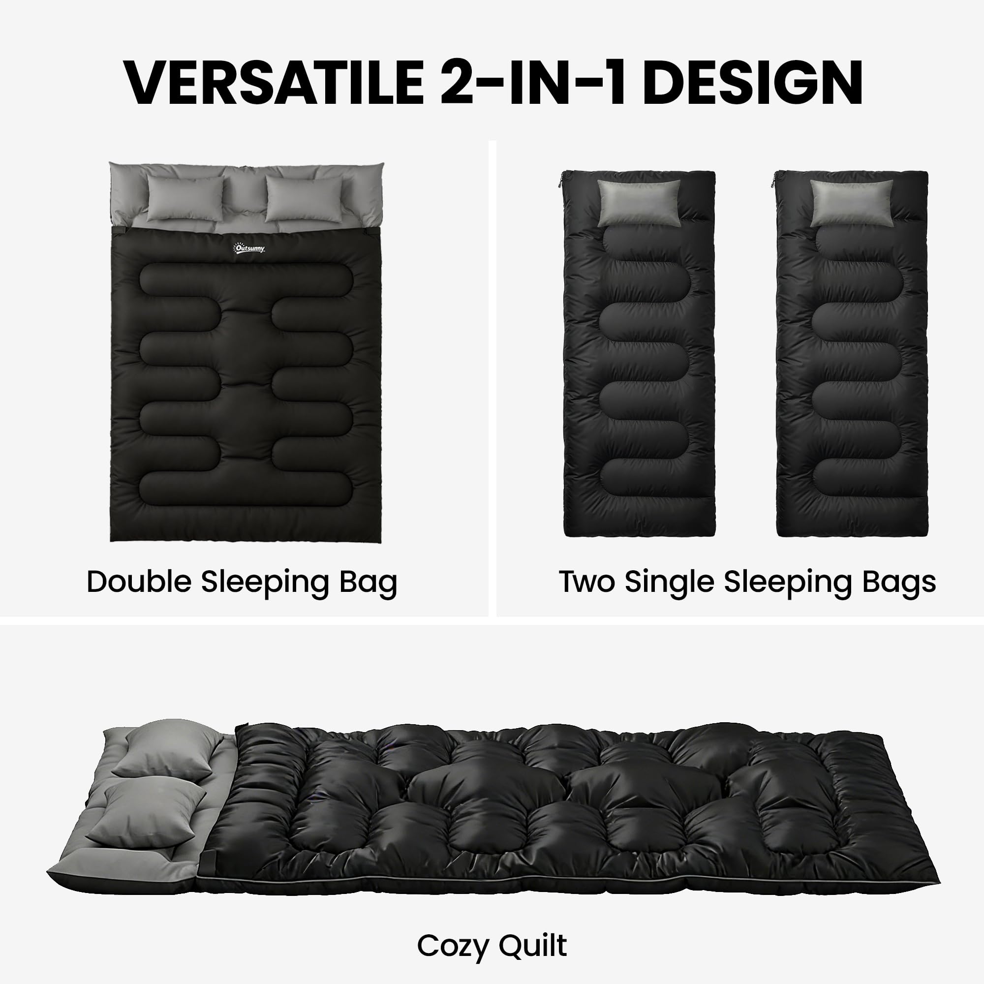 Outsunny Double Sleeping Bag with 2 Pillows, 220 x 160 cm Extra-Large Sleeping Bag for Adults, Detachable into Two Singles or Quilts, for Camping, Hiking — view 3