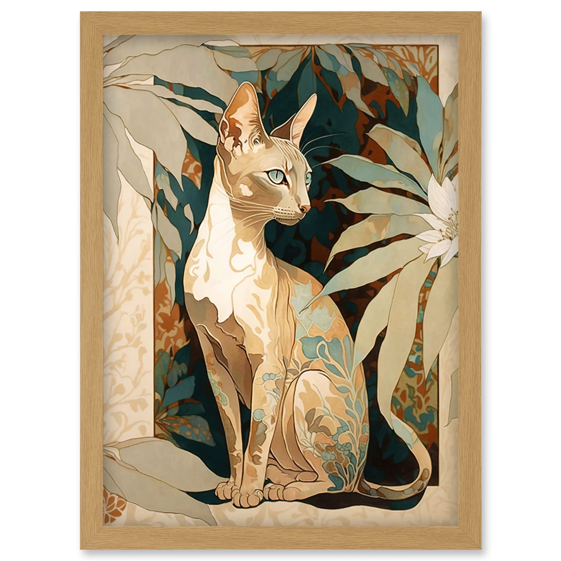 Artery8 Oriental Shorthair Cat Botanical Pattern Fur and Plants Modern Art Nouveau Watercolour Illustration Artwork Framed Wall Art Print A4