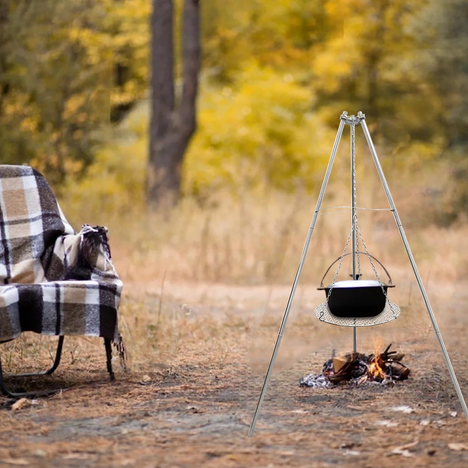 YBTMG Camp Fire Tripod for Cooking, Stainless Steel Camping Fire Grill with Adjustable Chain, 13.78" Stainless Grill Grate for Camping Hiking BBQ