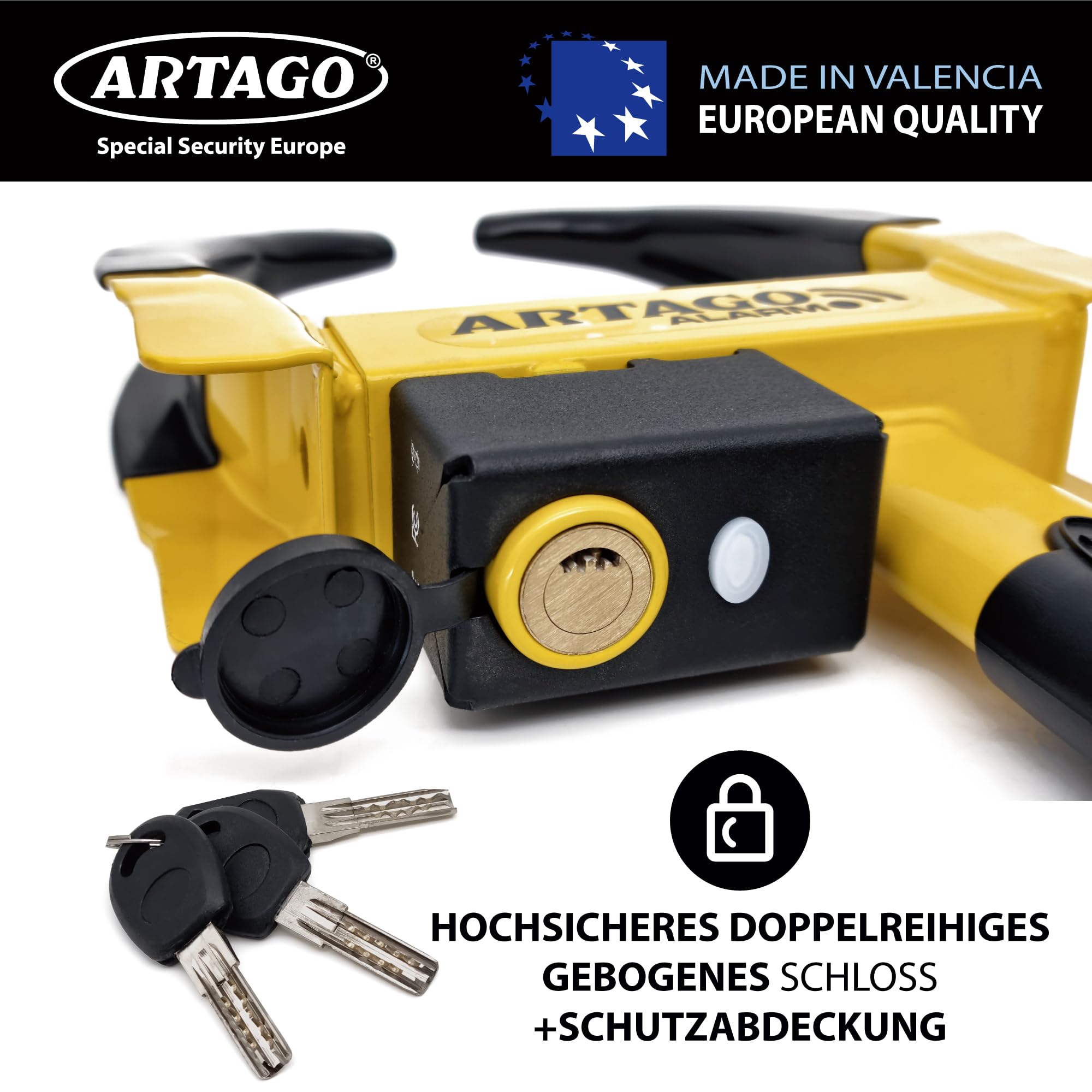 ARTAGO ART872 Hochwertige Radkralle 2in1 Ohne/Mit Alarm 120dB+LED, Die Sicherste Parkkralle, Patentiert, Rostgeschützt, Wegfahrsperre Reifenkralle für Auto Wohnmobil Wohnwagen Anhänger
