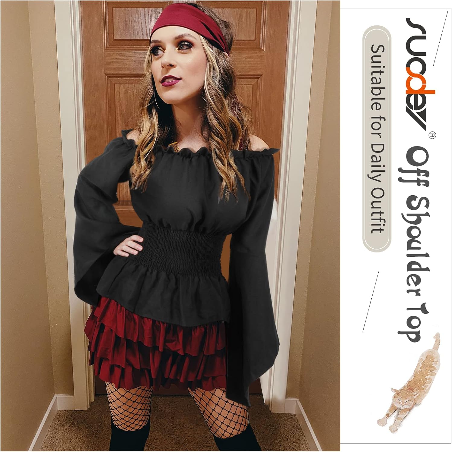 SUOSDEY Women Renaissance Pirate Shirt Off Shoulder Top Peasant Blouse for Halloween Cosplay Costume - Image 2