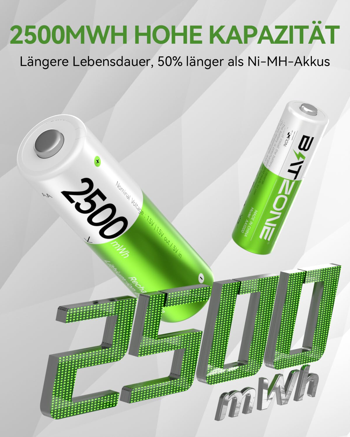 BATZONE Baterie litowo-jonowe AA 4-pak z ładowarką, 2500 mAh Wysoka pojemność 1,5 V baterie AA