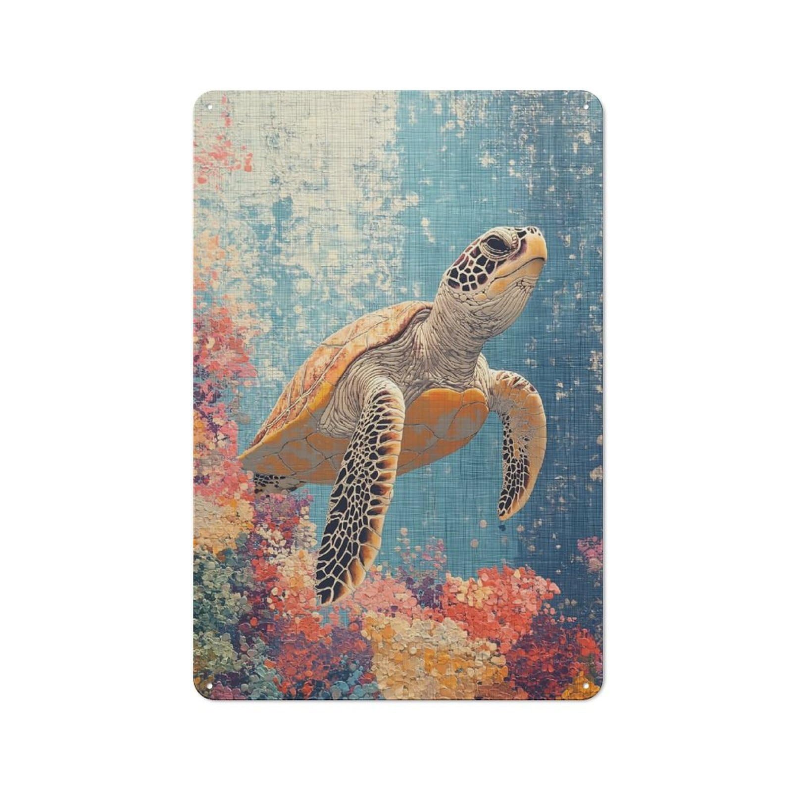 Junmoney Style-13 Sea Turtle Swimming Over Coral Reef Cottage Style Metal Wall Decor 30X20cm, Tin Wall Plaque For Kitchen, Cottage, Porch Or Garden Room