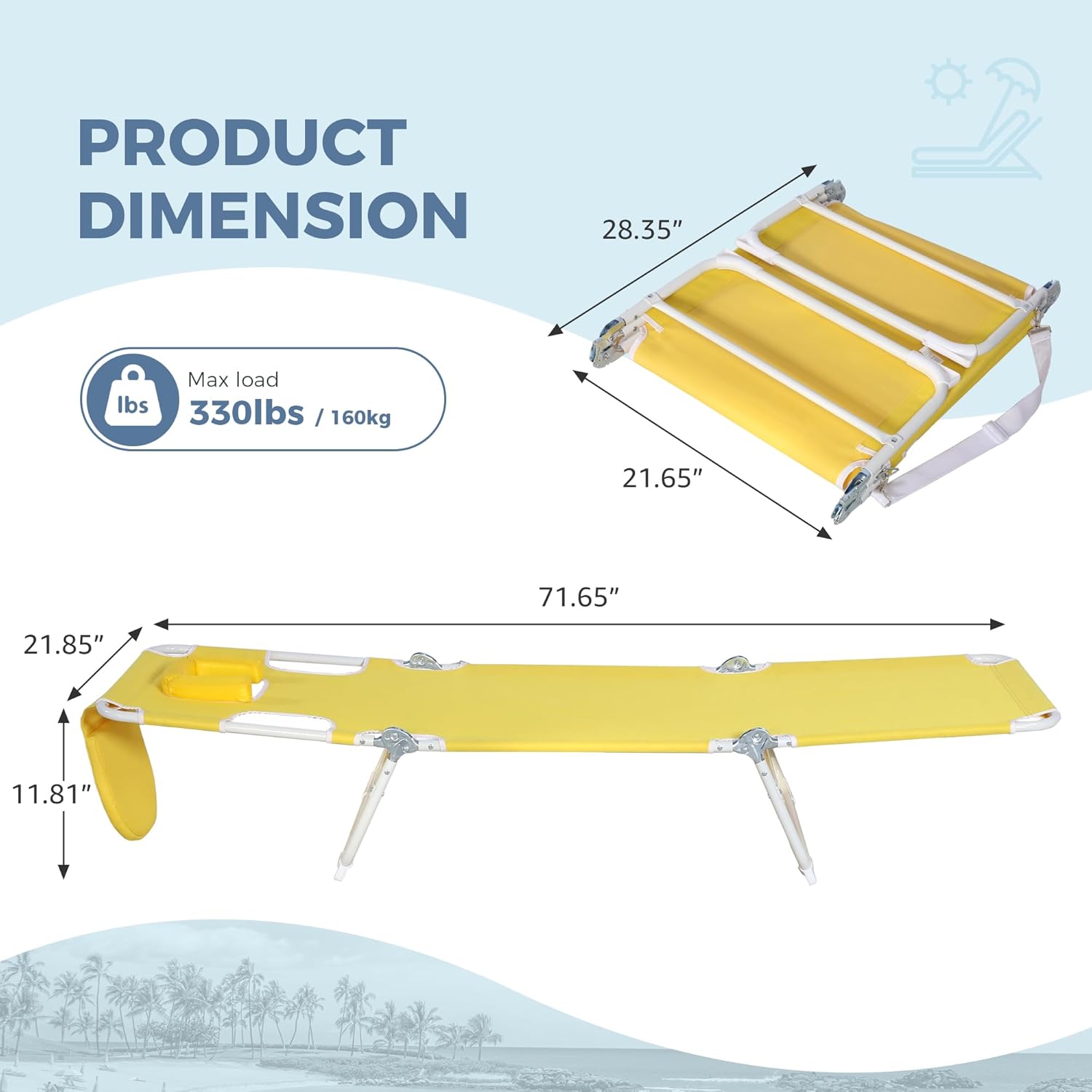 Folding Tanning Chair with Face Hole Set of 2, 3-Position Adjustable Patio Lounge Chair, Outdoor Sunbathing Chaise with Pillow, Portable Lightweight for Beach Pool Lawn Yard, Yellow
