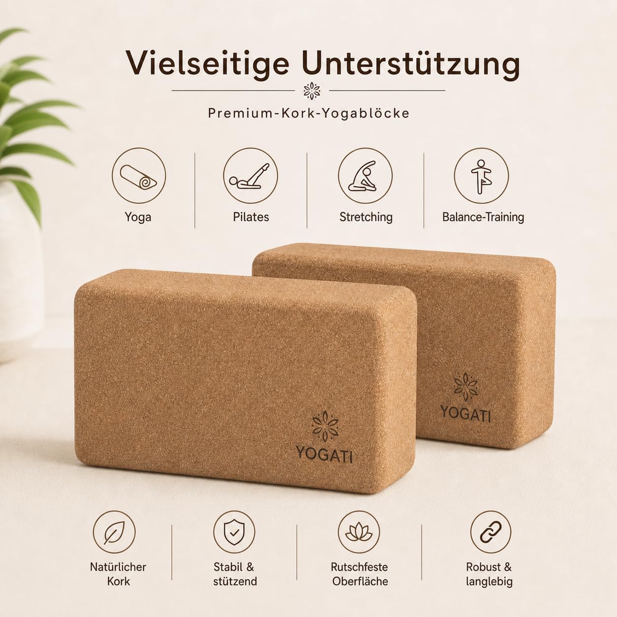 YOGATI® Kork Yoga Block 2er Set | Umweltfreundlicher Yoga Stützblock | Nachhaltiges Naturkorkmaterial | Ideal für Anfänger, Dehnübungen und Beweglichkeitstraining | Cork Yoga Blocks set of 2