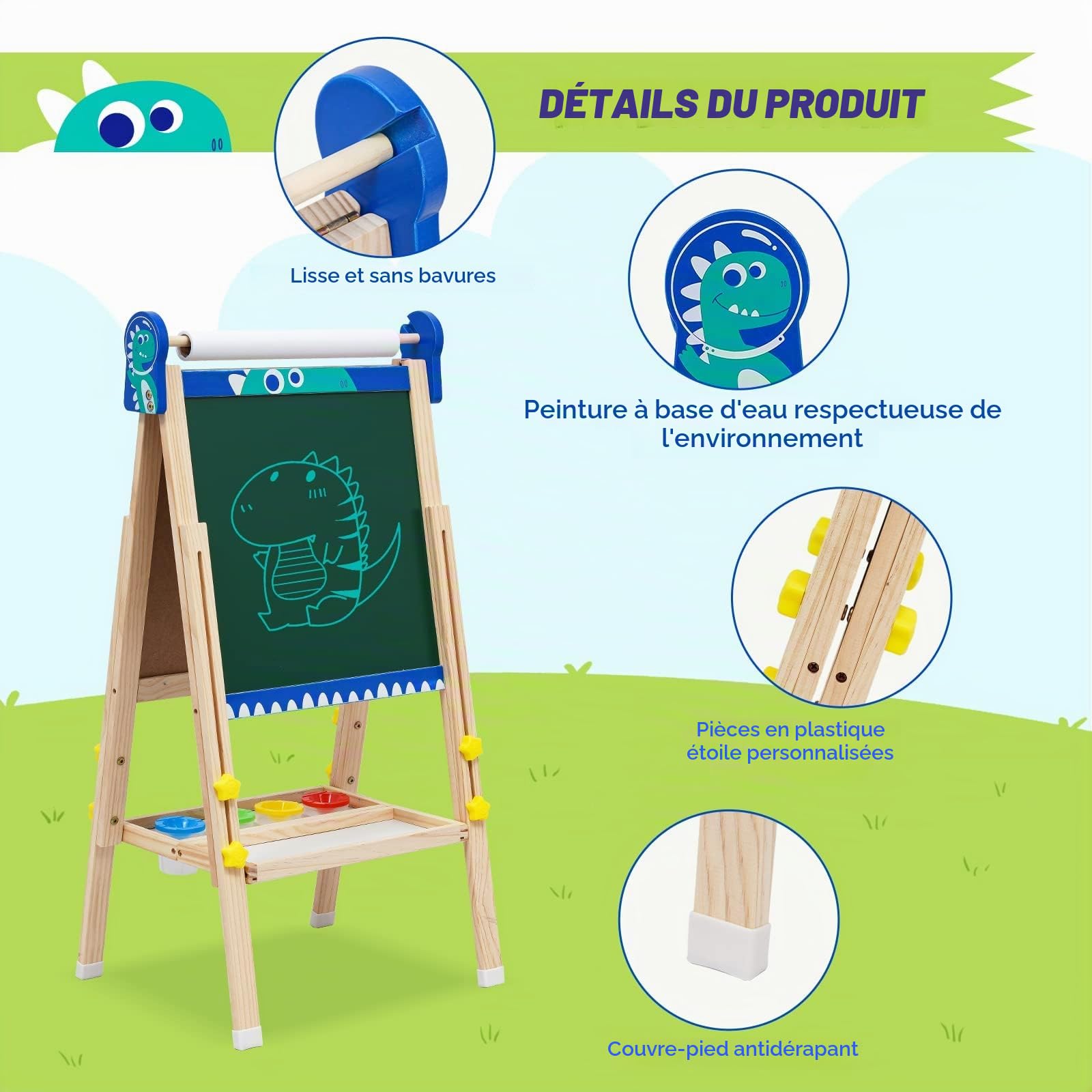 Chevalet Peinture Enfant,Tableau de Dessin Double Faces en Bois Pliable,Chevalet d'art Réglable en Hauteur avec Chiffres, Volutes et Autres Accessoires,Convient Enfant 2+ Ans(Dinosaure)