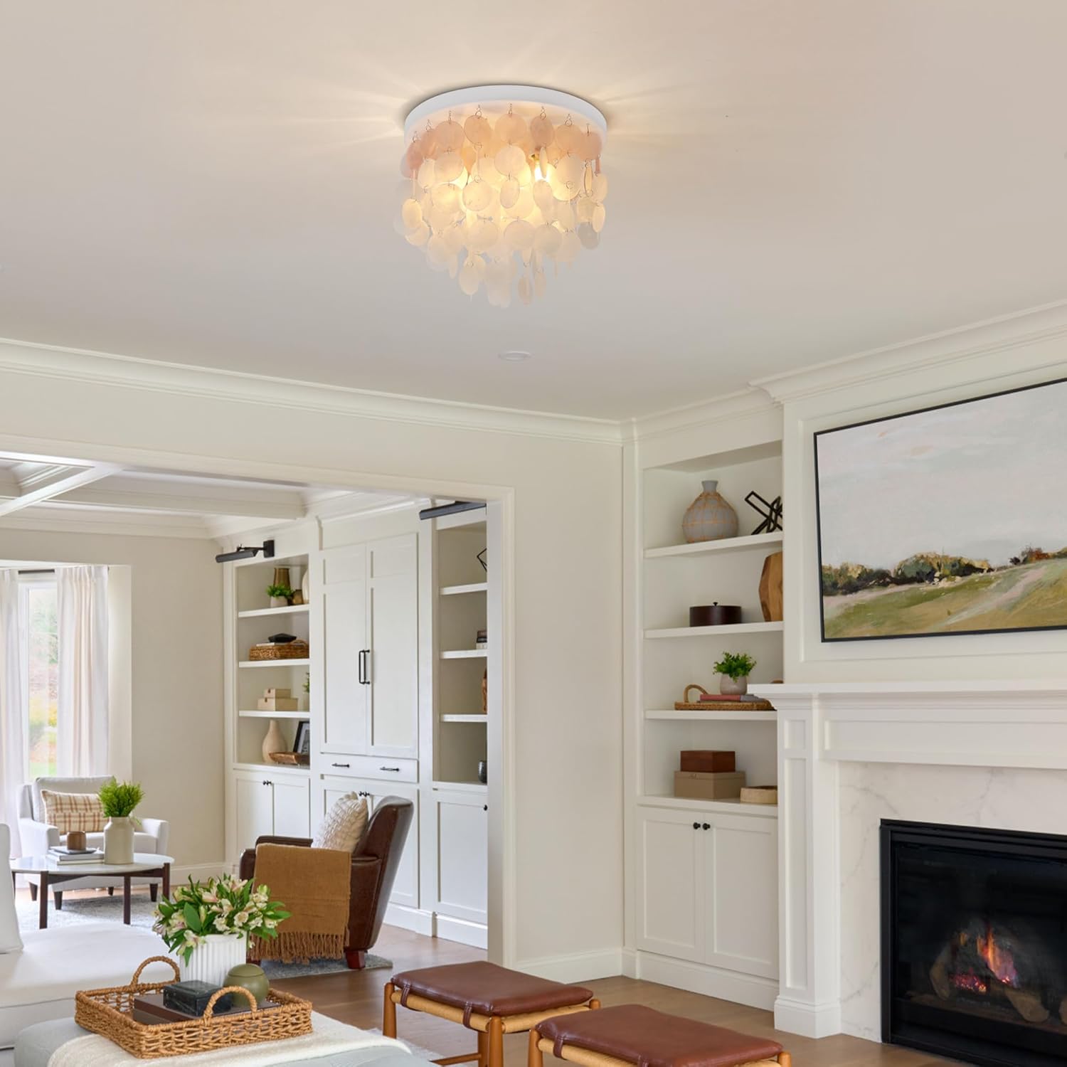 Capiz Shell Close to Ceiling Light 3-Light Coastal Flush Mount Ceiling Light Beachy Seashell Chandelier for Living Room Bedroom Kitchen Island Foyer Entryway White and Pink