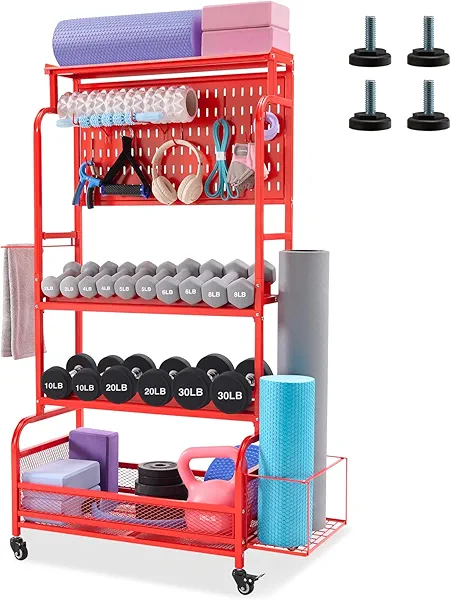 Lauren&Harold 56'' Taller Home Gym Storage Organizer, Red Modern Alloy Steel Workout Equipment Storage Rack with Wheels and Hooks