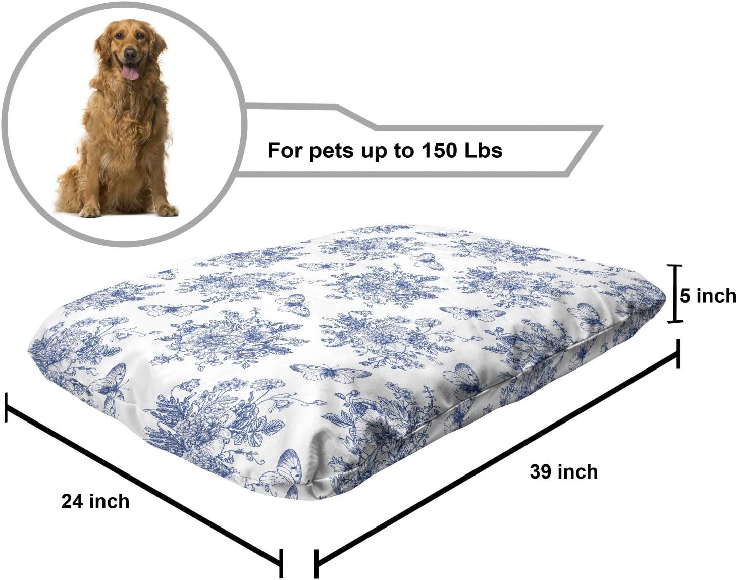 review Lunarable Floral Pet Bed, Continuous Ornamental Vintage Various Peony Roses Bells Flowers Butterflies Pattern, Chew Resistant Pad for Dogs and Cats Cushion with Removable Cover, 24