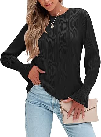 Bellcoco 2024 Trendy Wave Pattern Ruffle Bubble Sleeve Tops - Womens Loose Fit Cute Lantern Long Sleeve Blouse Crewneck Shirts, Perfect for Festivals and Business Casual Outfits Black, X-Large
