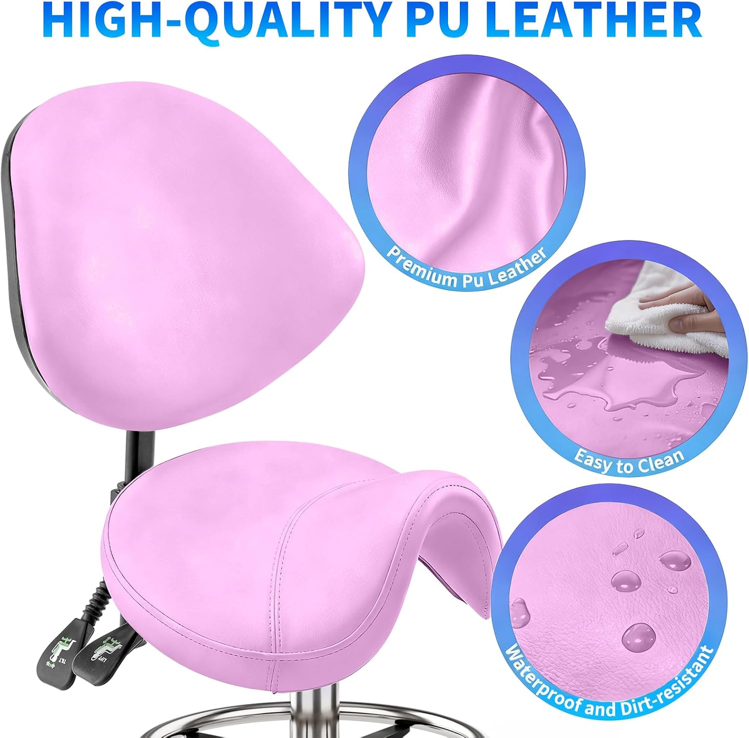 Saddle Chair with Back Support - Tilted Backrest, Adjustable Foot Rest, 350 LBS Capacity Ergonomic, 360° Swivel Drafting Chair for Salon, Spa, Massage, Tattoo, Facial lash, Home,（Macaron Purple）