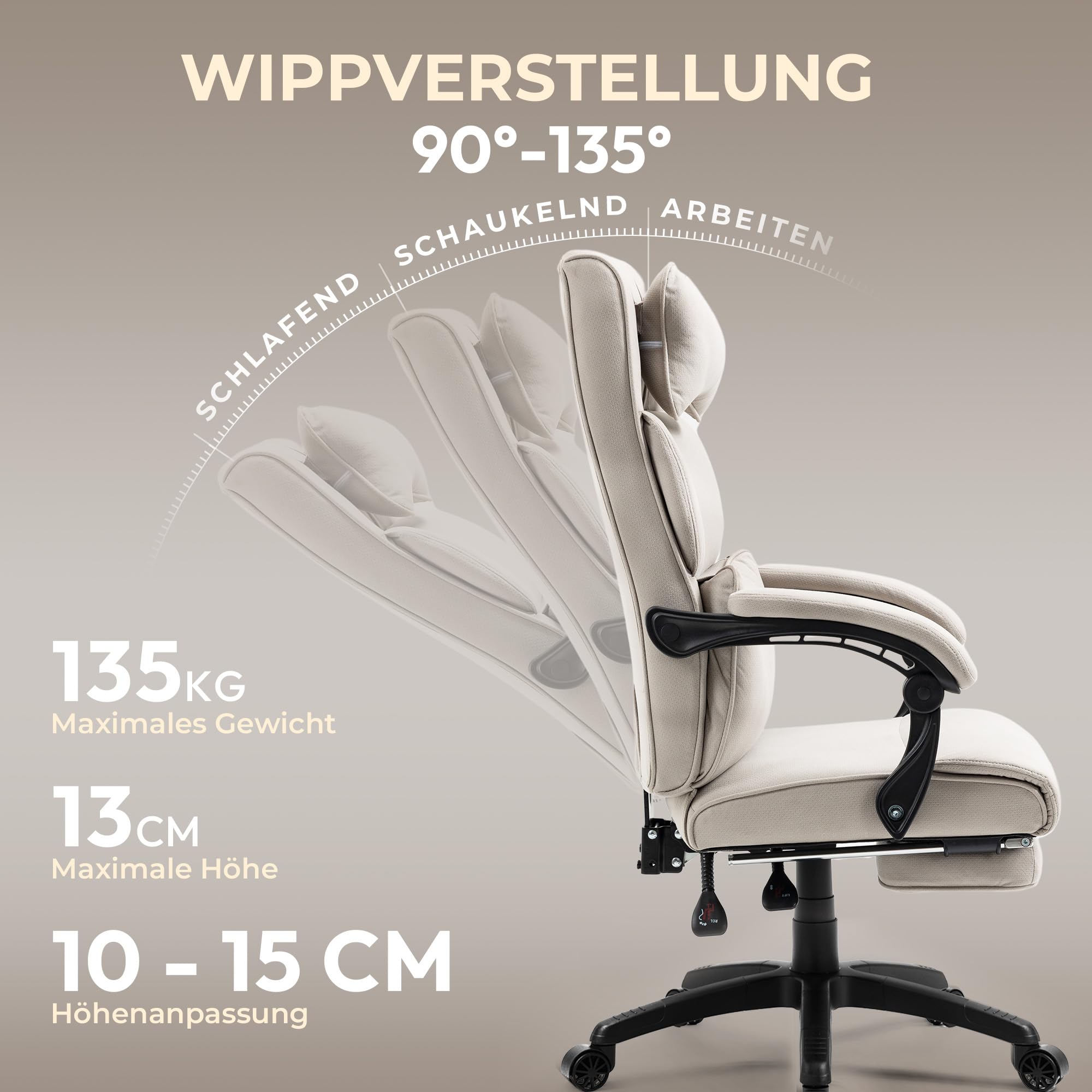 Dowinx Bürostuhl Ergonomisch mit Fußstütze und gepolsterten Armlehnen, ergonomischer Bürostuhl aus Stoff, Drehstuhl mit hoher Rückenlehne, Höhenverstellbar, 150 kg, Beige