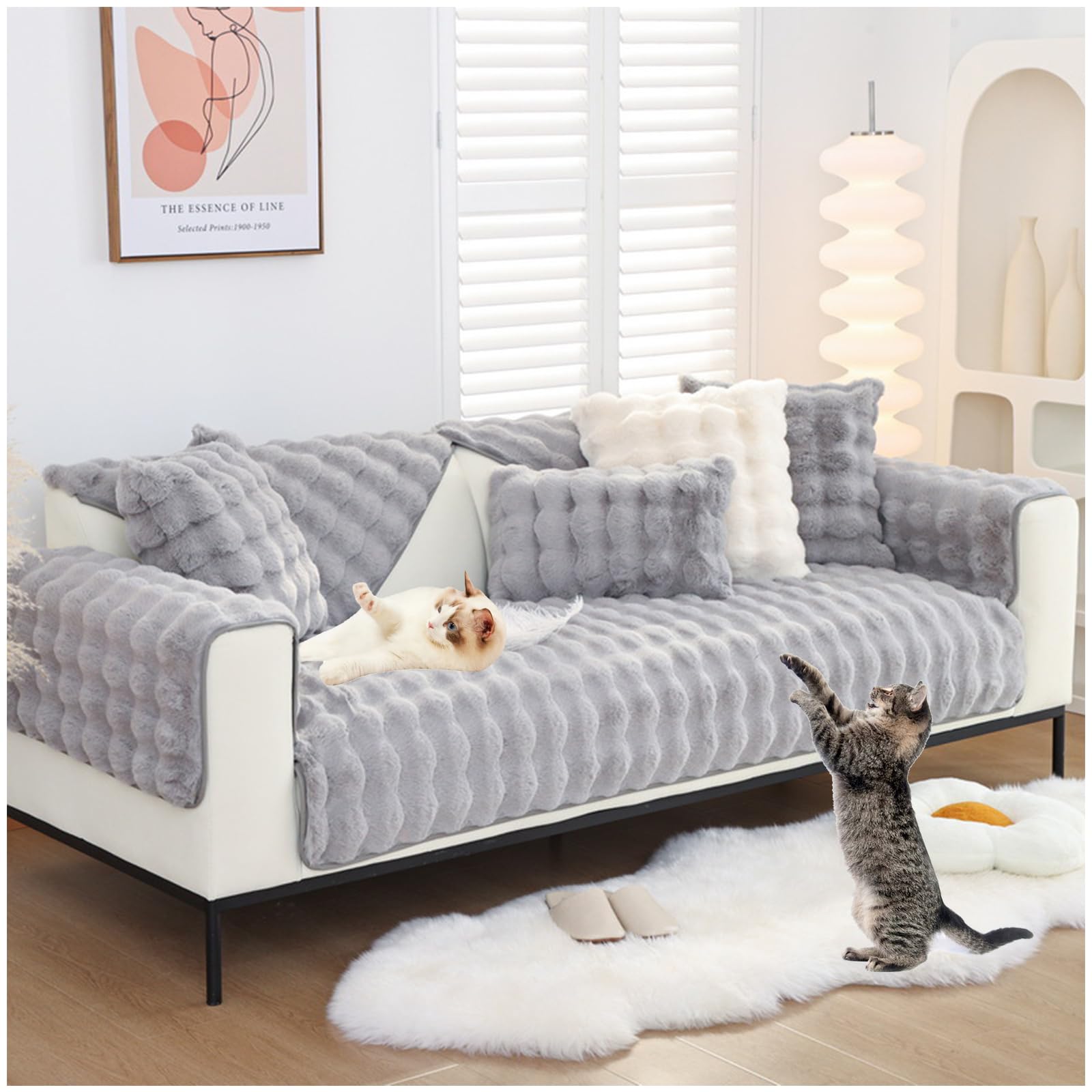 NNSMUN Thick Rabbit Plush Sofa Cushion, Sofa Slipcover Corner 3/2/1/4 Seater Sofa Cover, Super Soft Faux Fur Furniture Protector Washable for Sectional Couch (Grey,70x90cm)