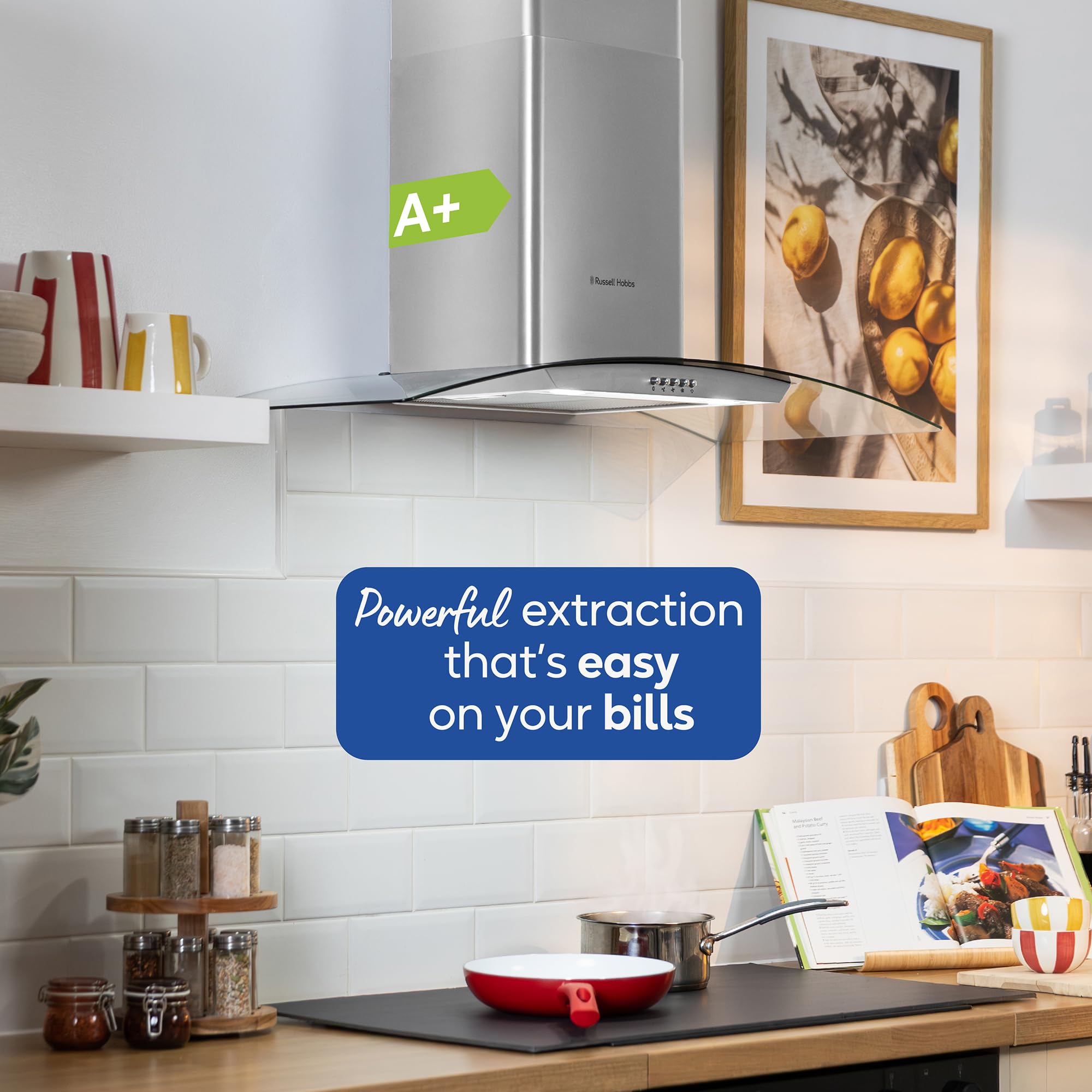 Russell Hobbs 90cm Curved Glass Cooker Hood in Stainless Steel with 3 Speed Settings, 1 x Carbon Filter, Extraction or Recirculation, 500m³/h Extraction Rate, A+ Energy Rating, RH90GCH92A1SS — view 6
