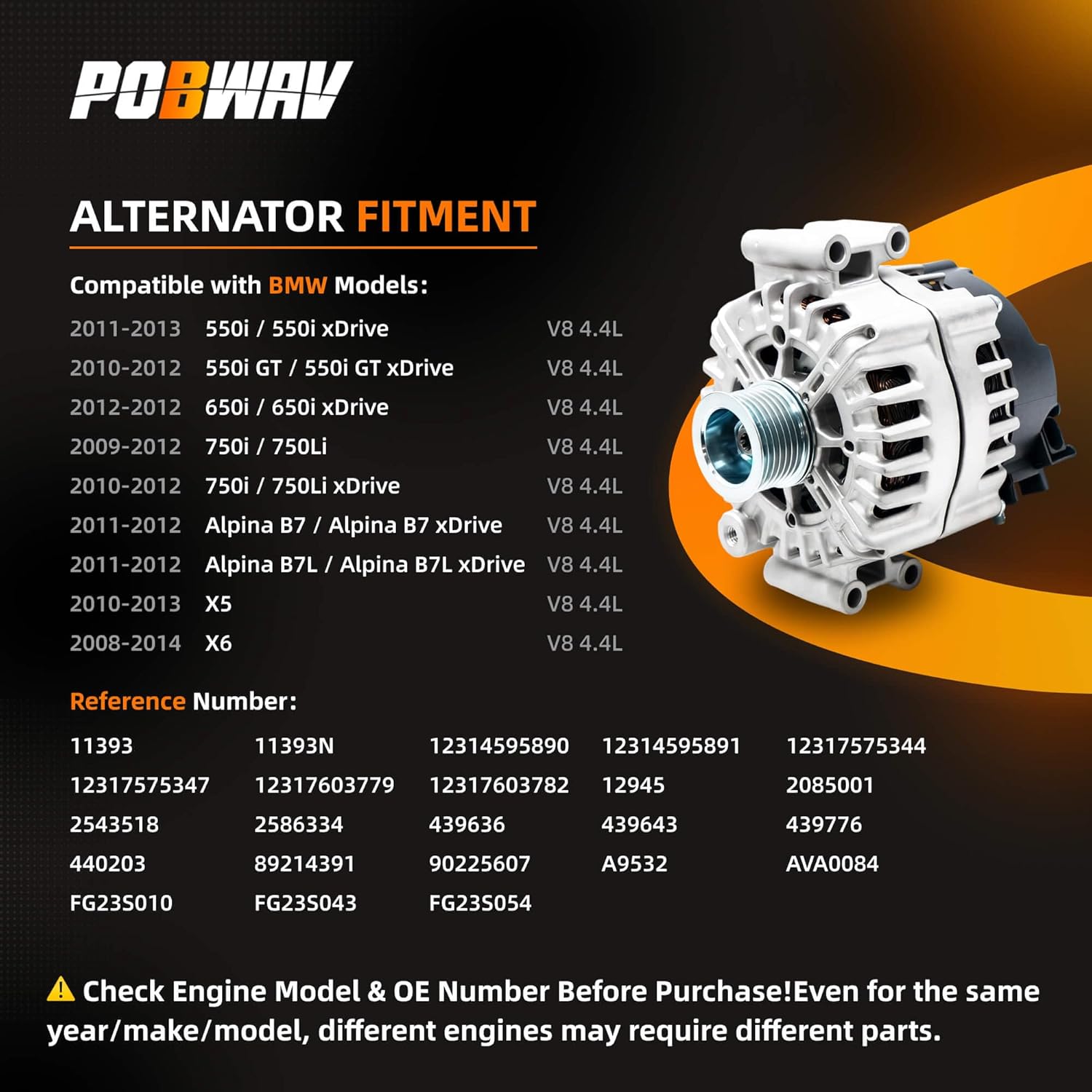 12314595890 12314595891 NEW Alternator 220A Compatible with BMW 550i / 650i / 750i / 750Li / X5 xDrive50i / X6 xDrive50i N63 4.4L V8 2008-2014