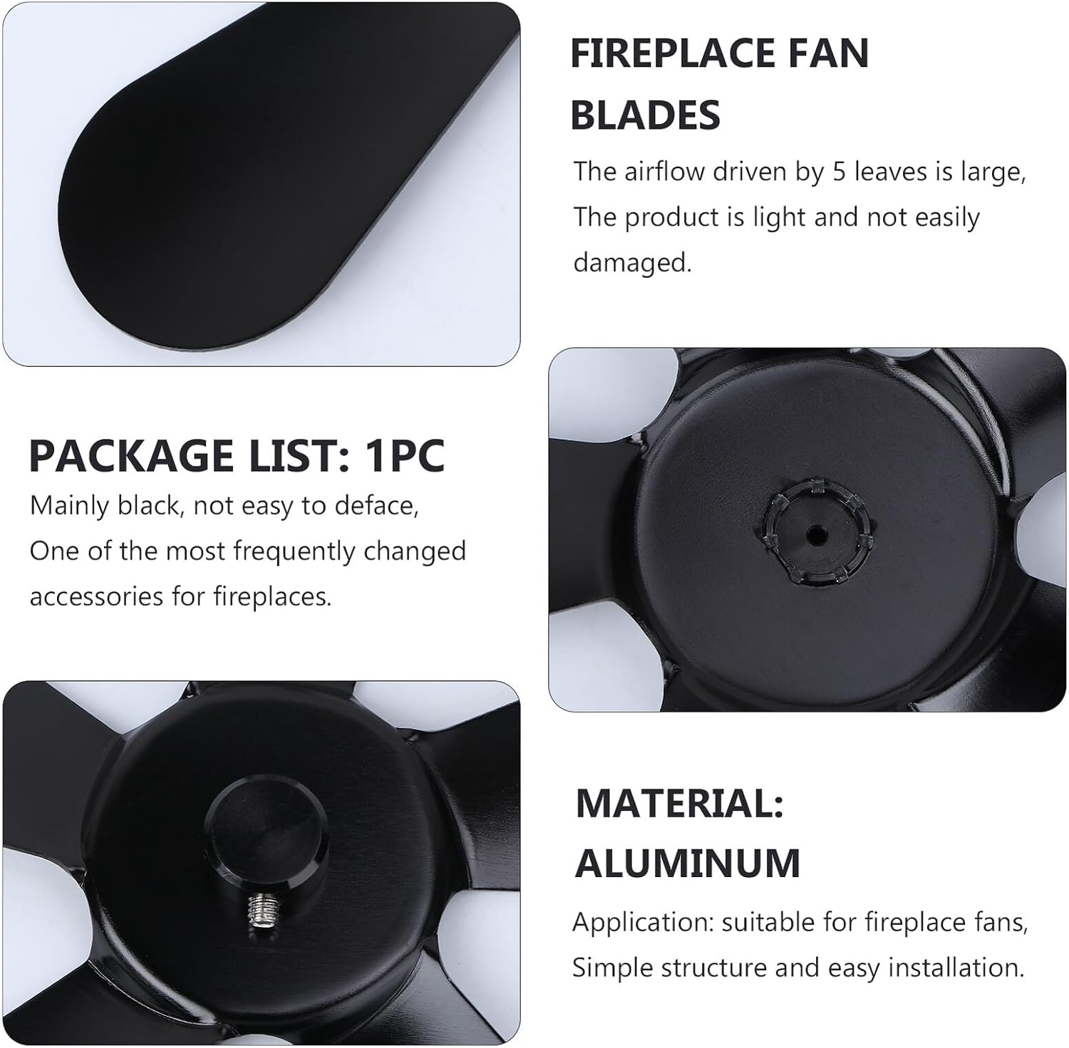 Silent 5-blade Aluminum Fireplace Stove Fan Blade Accessory Black Heat-activated Small Fan for Wood Stove Heating Efficiency Improvement