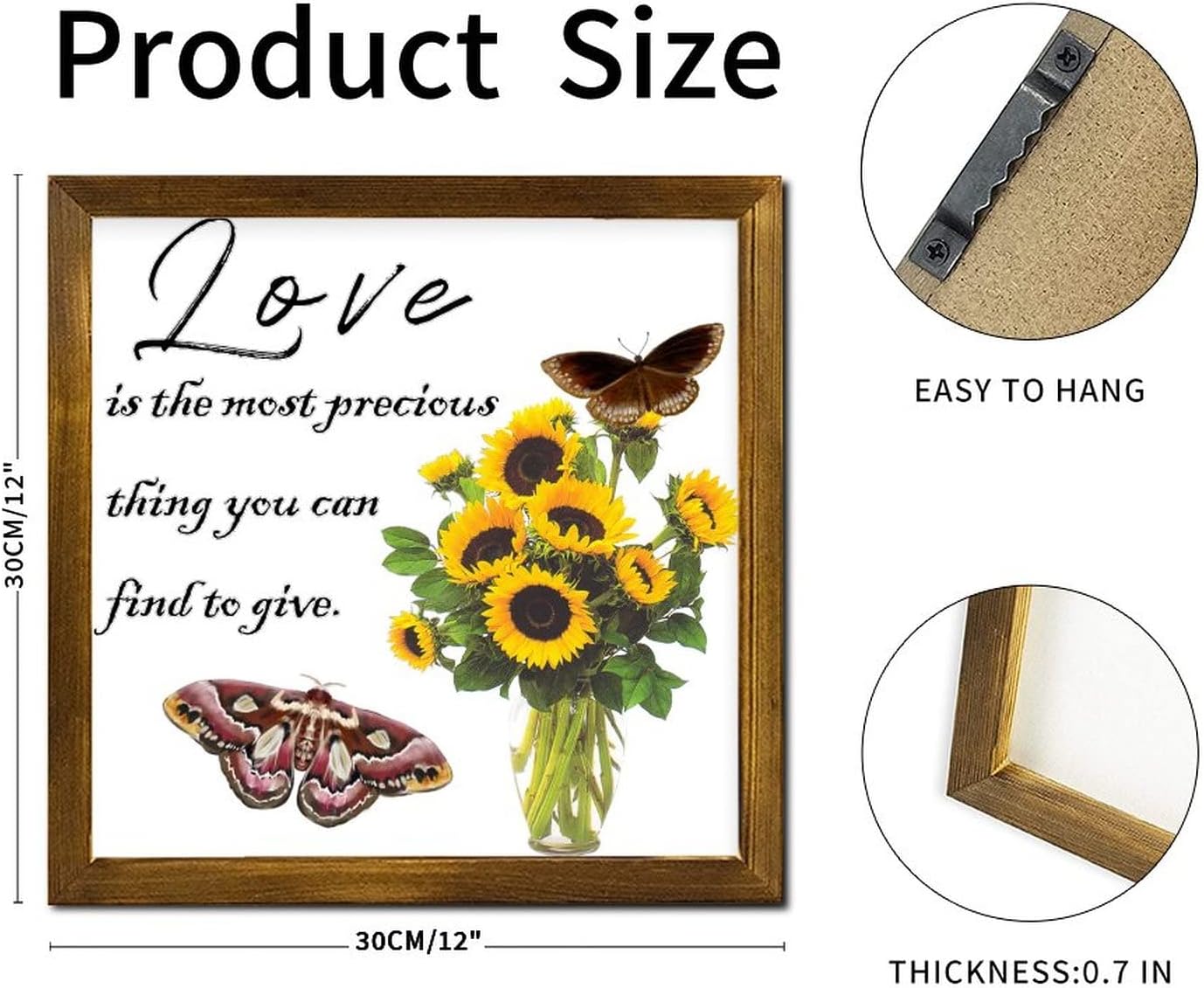 Love is The Most Precious Thing You Can Find to Give Framed Wooden Signs Butterfly Sunflower Flower in Kettle Wall Decor Sign Blossom Floral Home Family Wall Decoration for Home Bedroom 12x12 inch