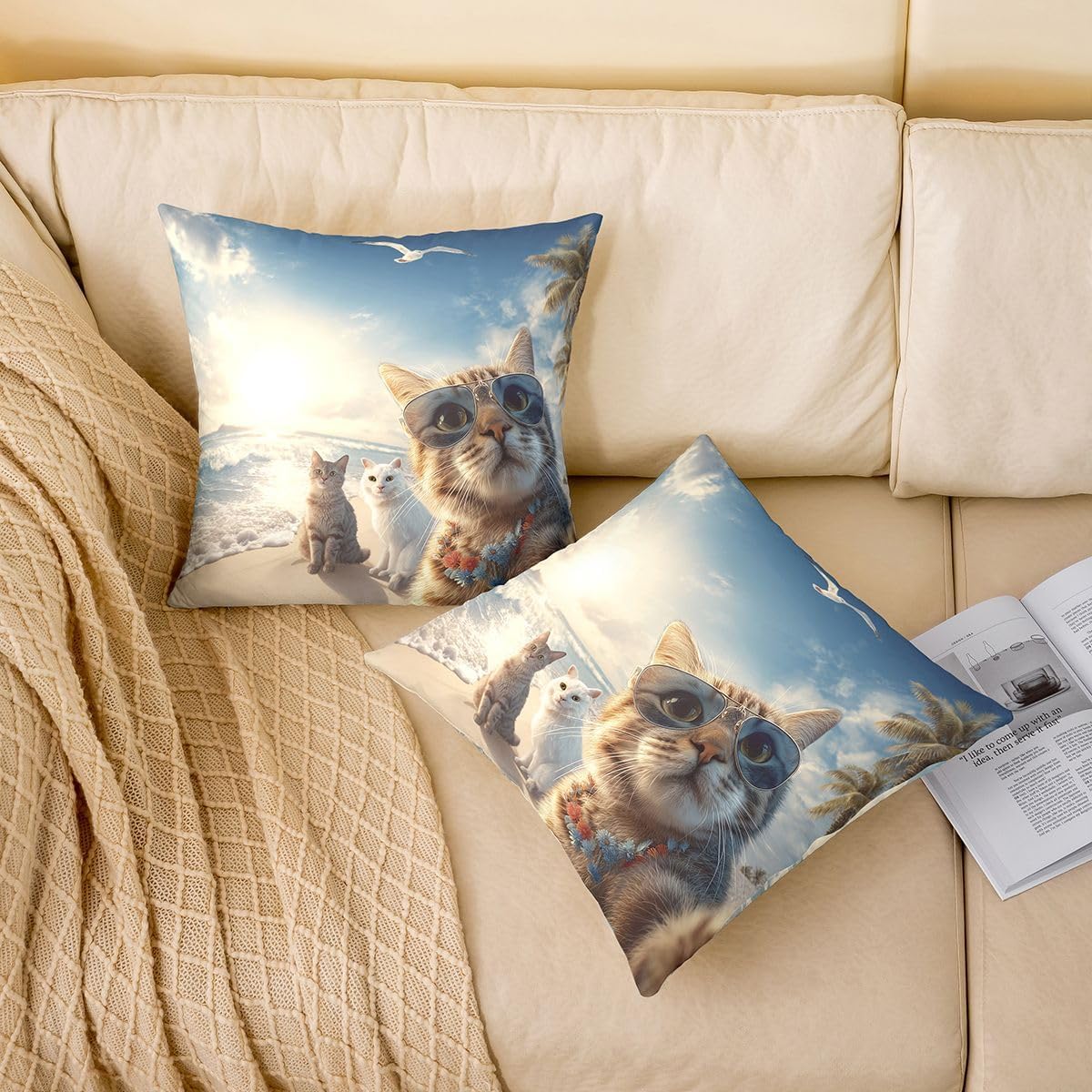 Homewish Funny Cat Throw Pillow Covers (Pack of 1),Ocean Beach Vacation Cushion Cover for Kids Girls Teens Sunset Sky Scenery Pillow Cases Cute Pet Animals Living Room Sofa Bed Decor,18" Lx18 W image 3