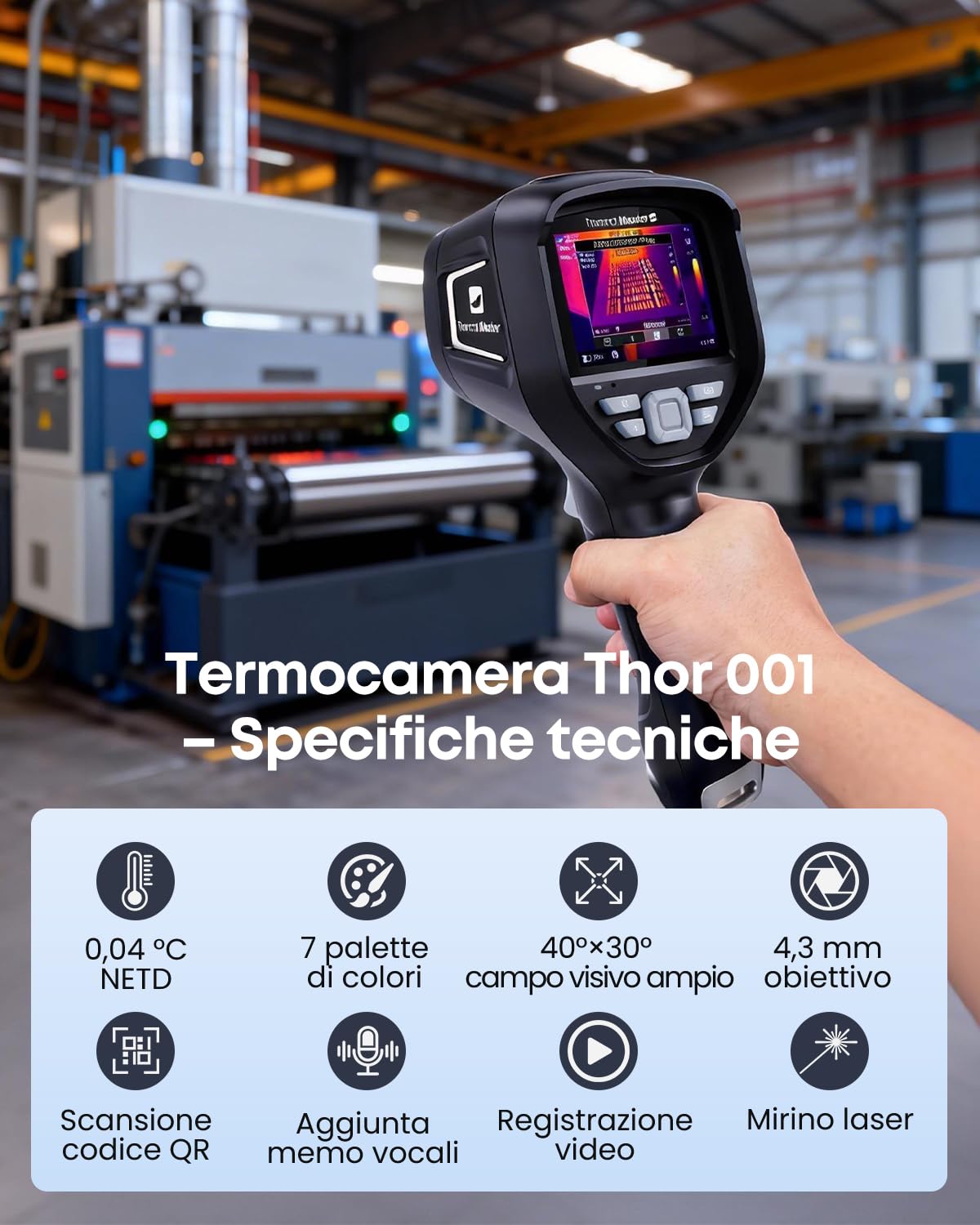 Thor 002 Termocamera Palmare, Risoluzione 512×384 px, 25Hz, Display IPS 3,5", -20°C a 550°C, WLAN & App/PC Analisi, IP54 per Settore Elettrico, Industriale e HVAC