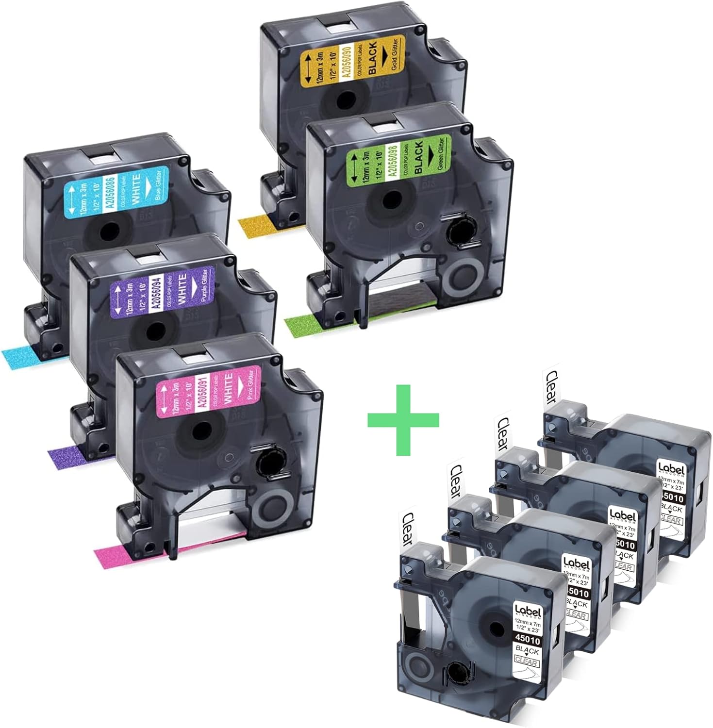 5 Pack Color Glitter + 4 Clear Compatible DYMO D1 Label