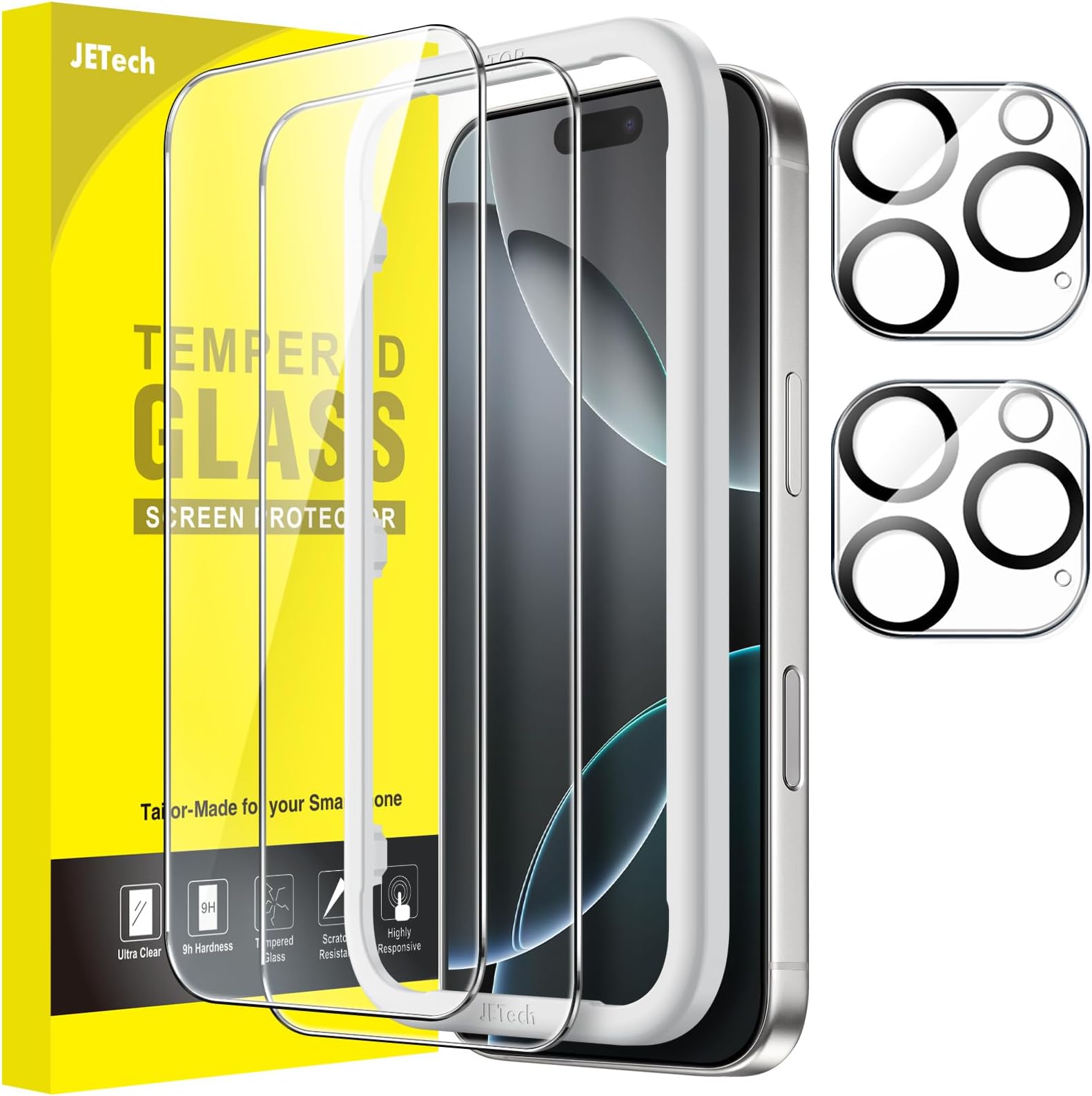 Screen Protector for iPhone 16 Pro 6.3-Inch with Camera Lens Protector, Easy Installation Tool, Tempered Glass Film, HD Clear, 2-Pack Each