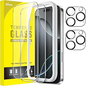 JETech Película de Vidro Temperado para iPhone 16 Pro 6,3 Polegadas com Protetor de Lente de Câmera, Ferramenta de Fácil de Instalar, Protetor de Tela, HD Claro, 2 Pacotes Cada